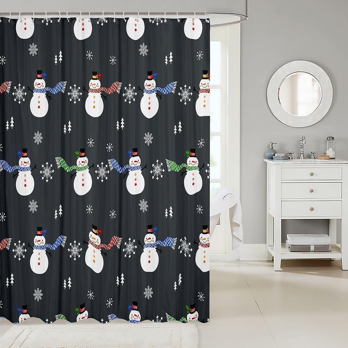 Feelyou Christmas Bath Curtain 72x72 Snowman Snowflake Shower Curtain Set Dark Grey