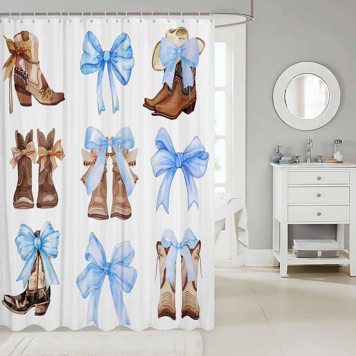 Feelyou Bowknot Shower Curtain Set 72x72 Western Decor Pale Blue