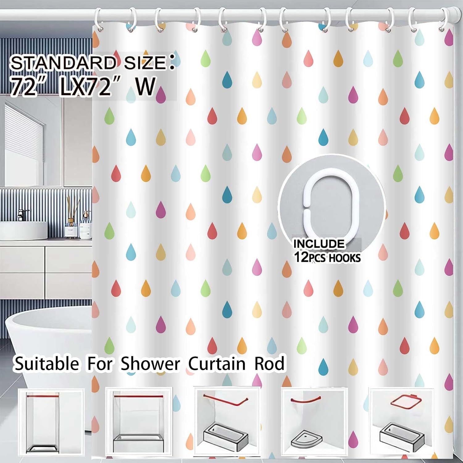 Retro Cute Kids Shower Curtain Set with Raindrop Design