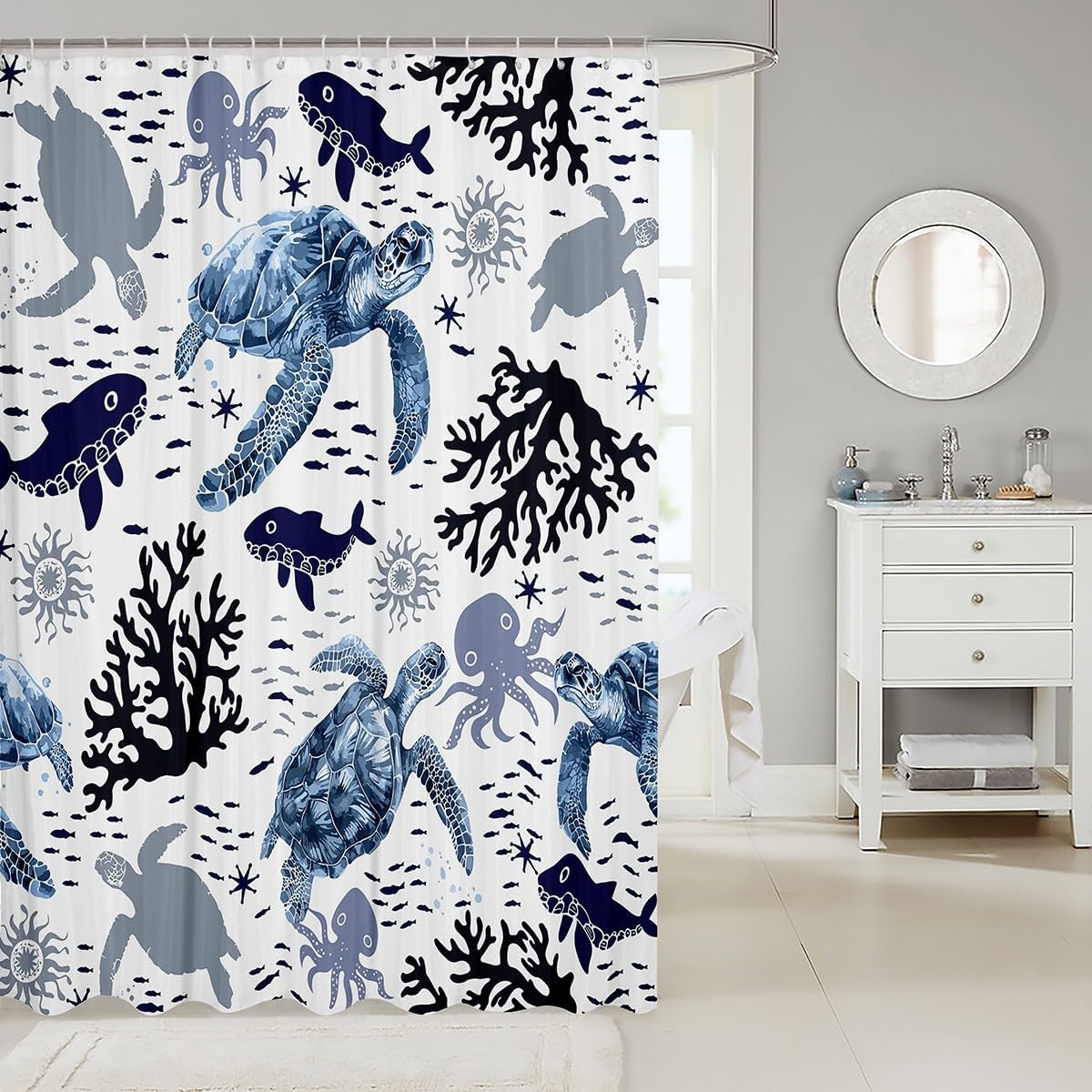 Feelyou Sea Turtle Bath Curtain 72x72 Fun Ocean Theme Waterproof Machine Washable