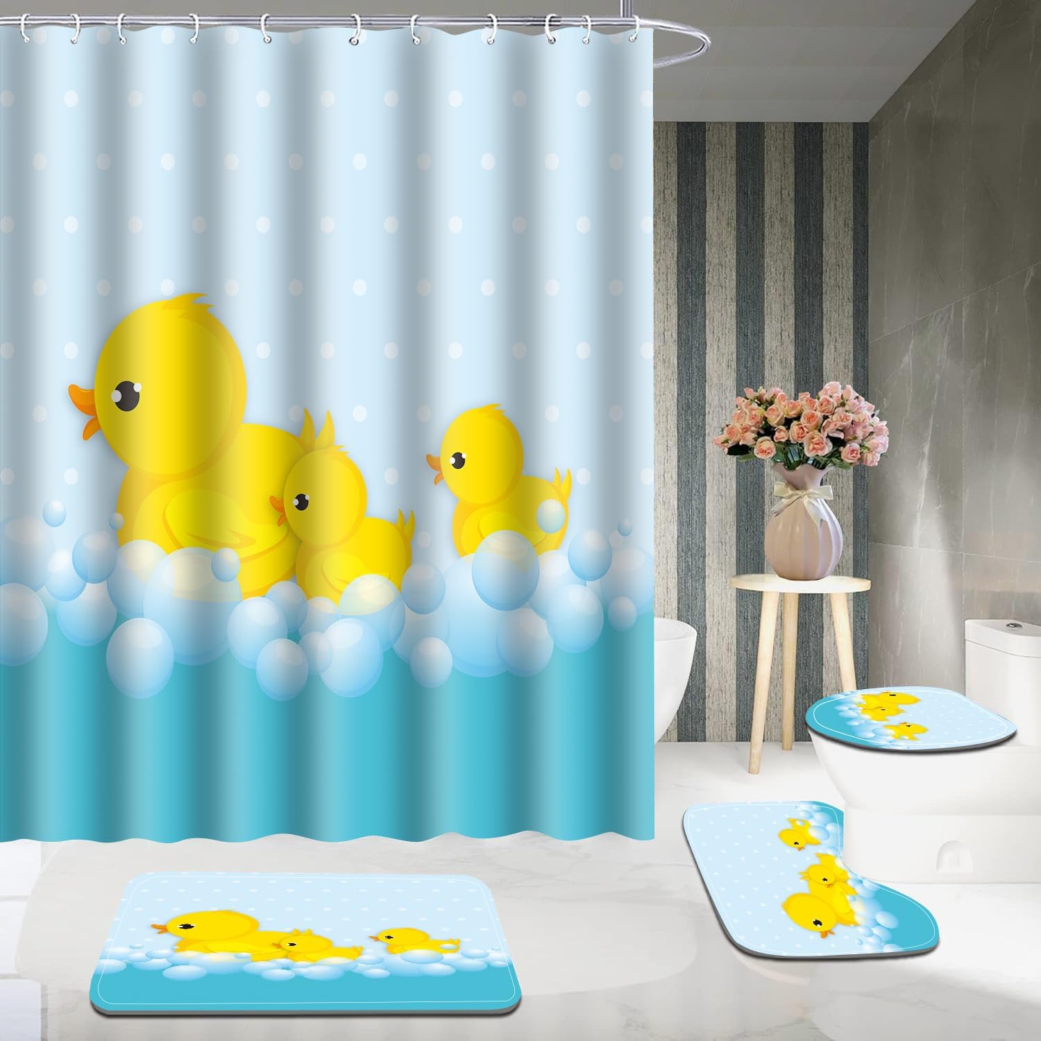 Cute Yellow Duck Bath Set with Non-Slip Rugs and Toilet Lid Cover