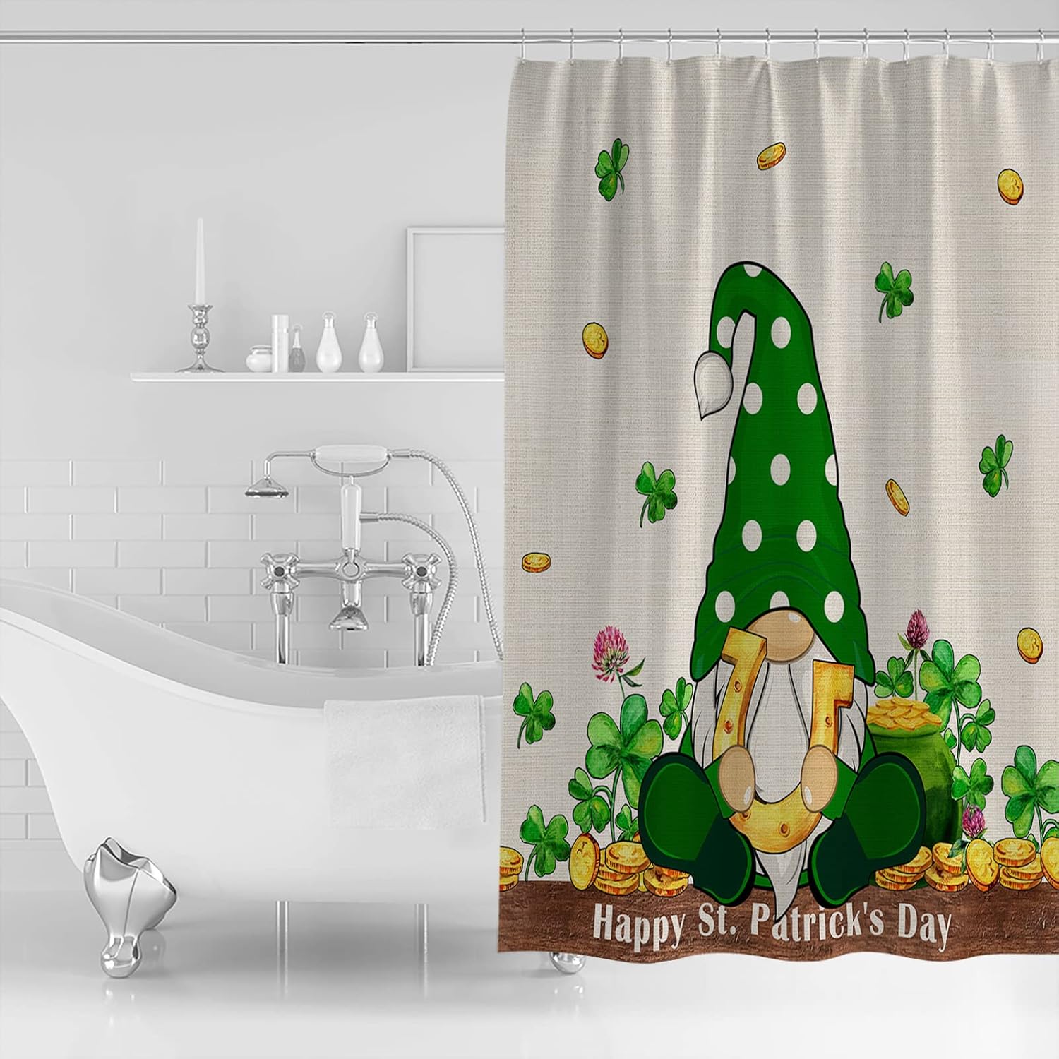 Waterproof Irish Gnomes Green Clover Shower Curtain