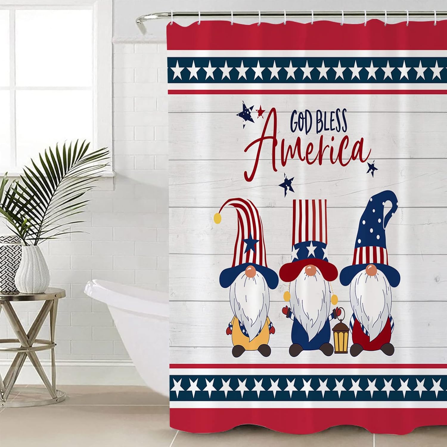 Waterproof Shower Curtain with Hooks and Patriotic Stars Design