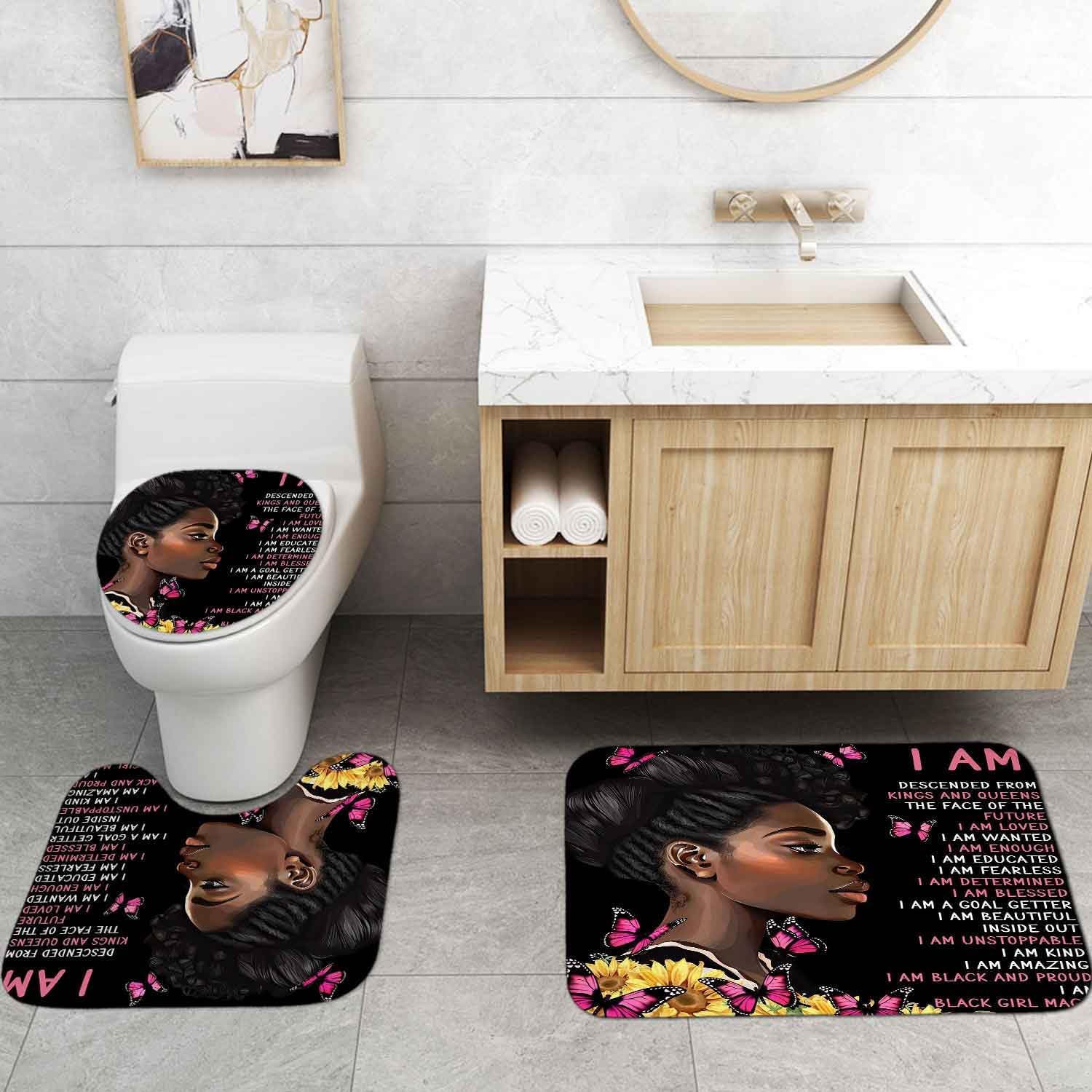 4PCS Black Girl Shower Curtain Set with Rugs Quotes