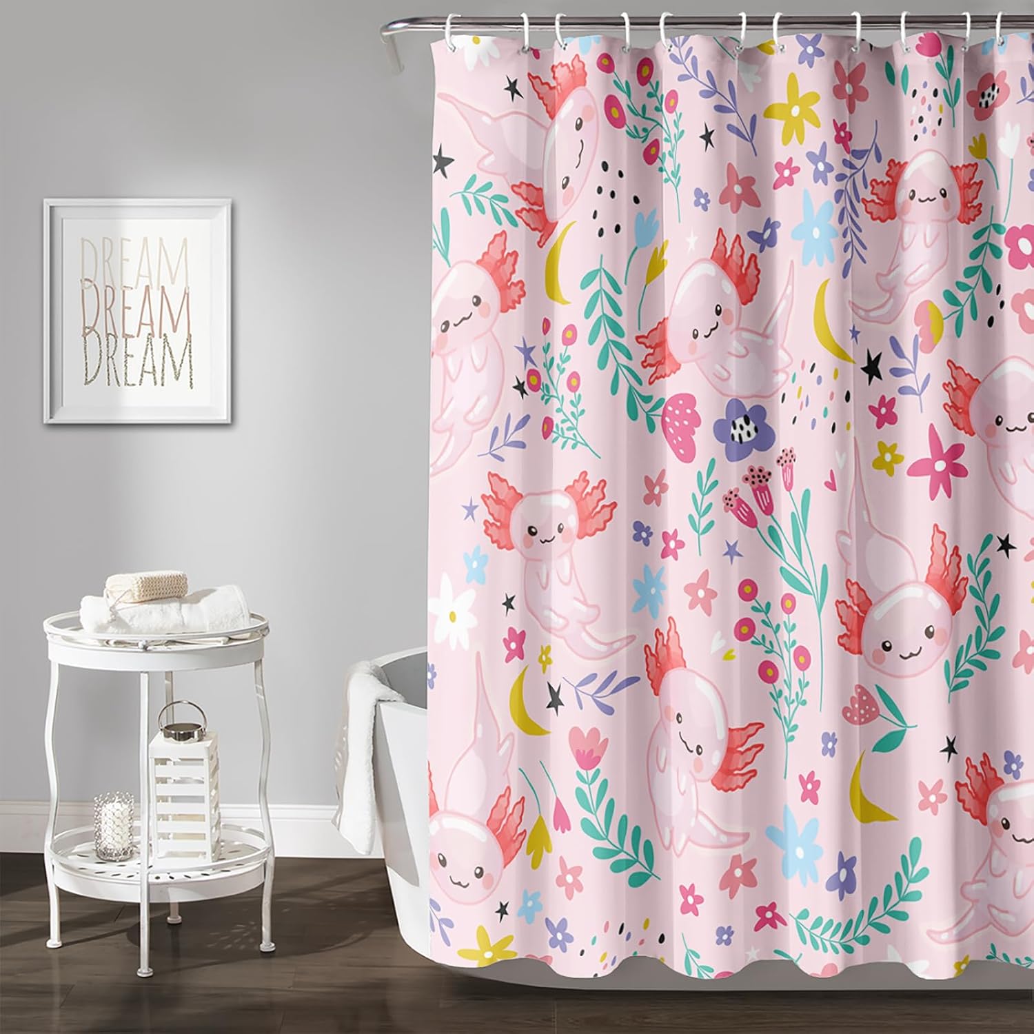 Qoomo Cartoon Axolotl Pink Bath Shower Curtain 72x72 inches