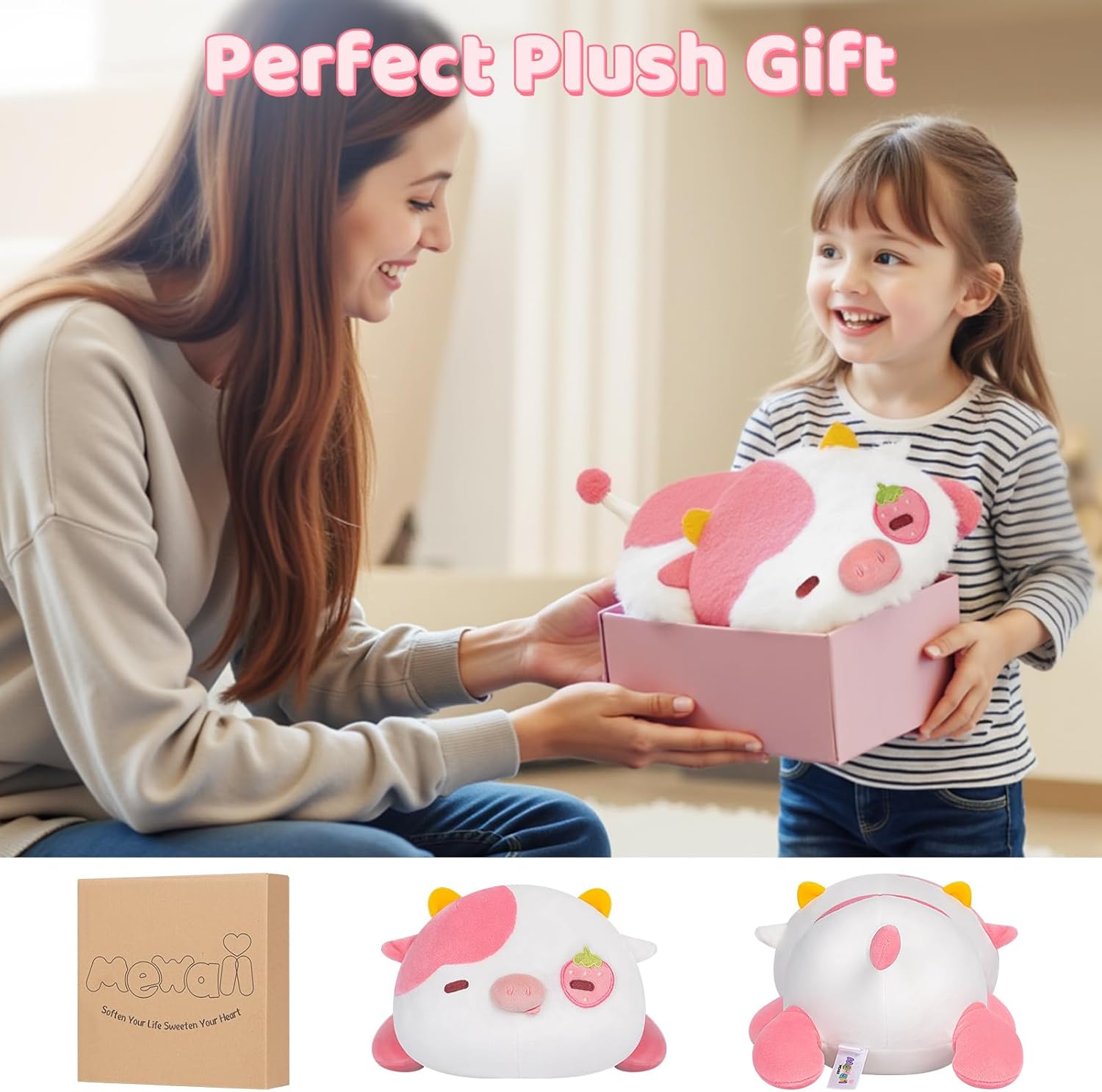 Mewaii Cute Cow Plush Pillow Kawaii Strawberry Cuddle Comfy for Kids Girls