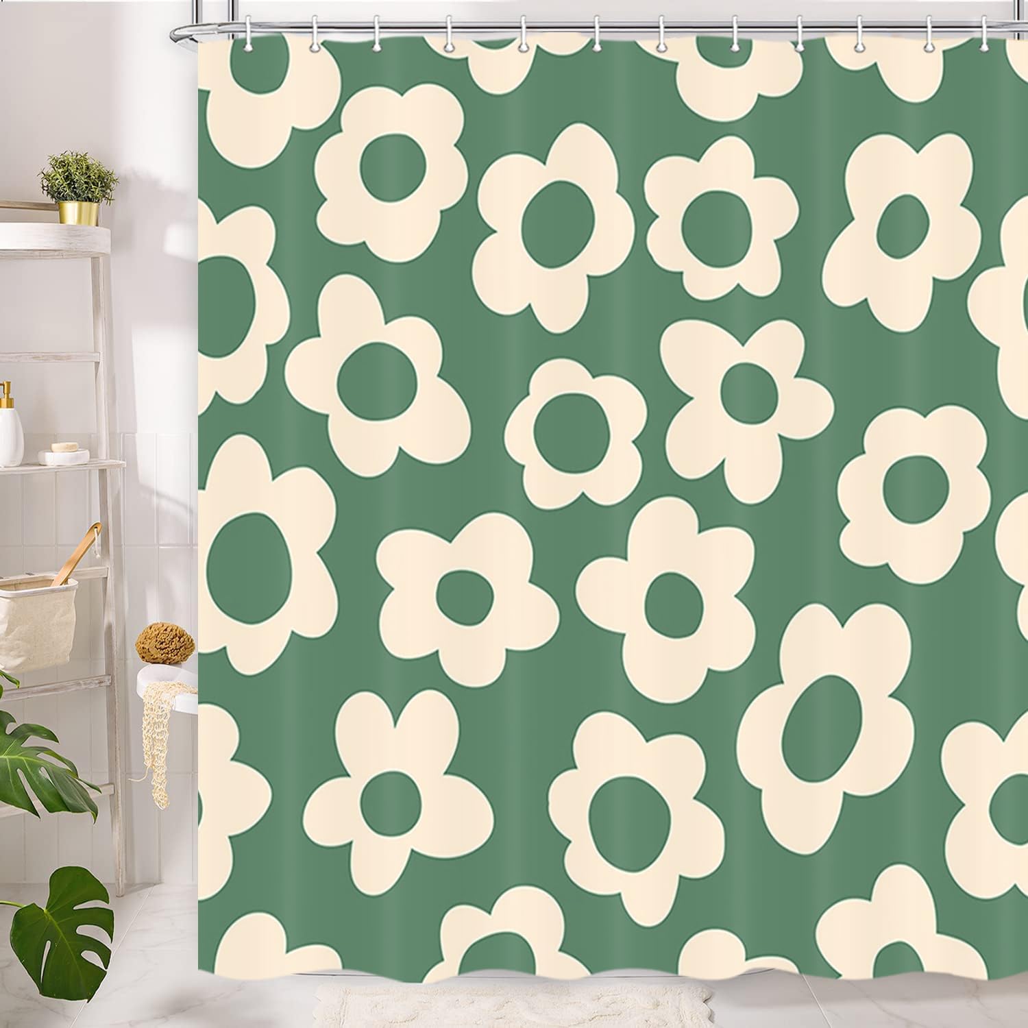 Stunning Sage Green Daisy Shower Curtain Boho Retro Sage Green Design