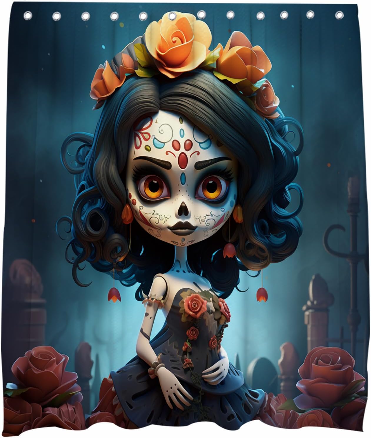 Zombie Girl Halloween Skull Shower Curtain Set