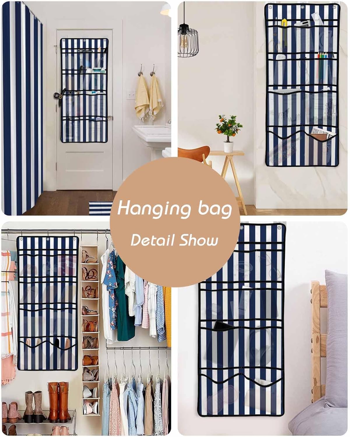 Navy Blue Waterproof Folding Shower Curtain with Hanging Organizer