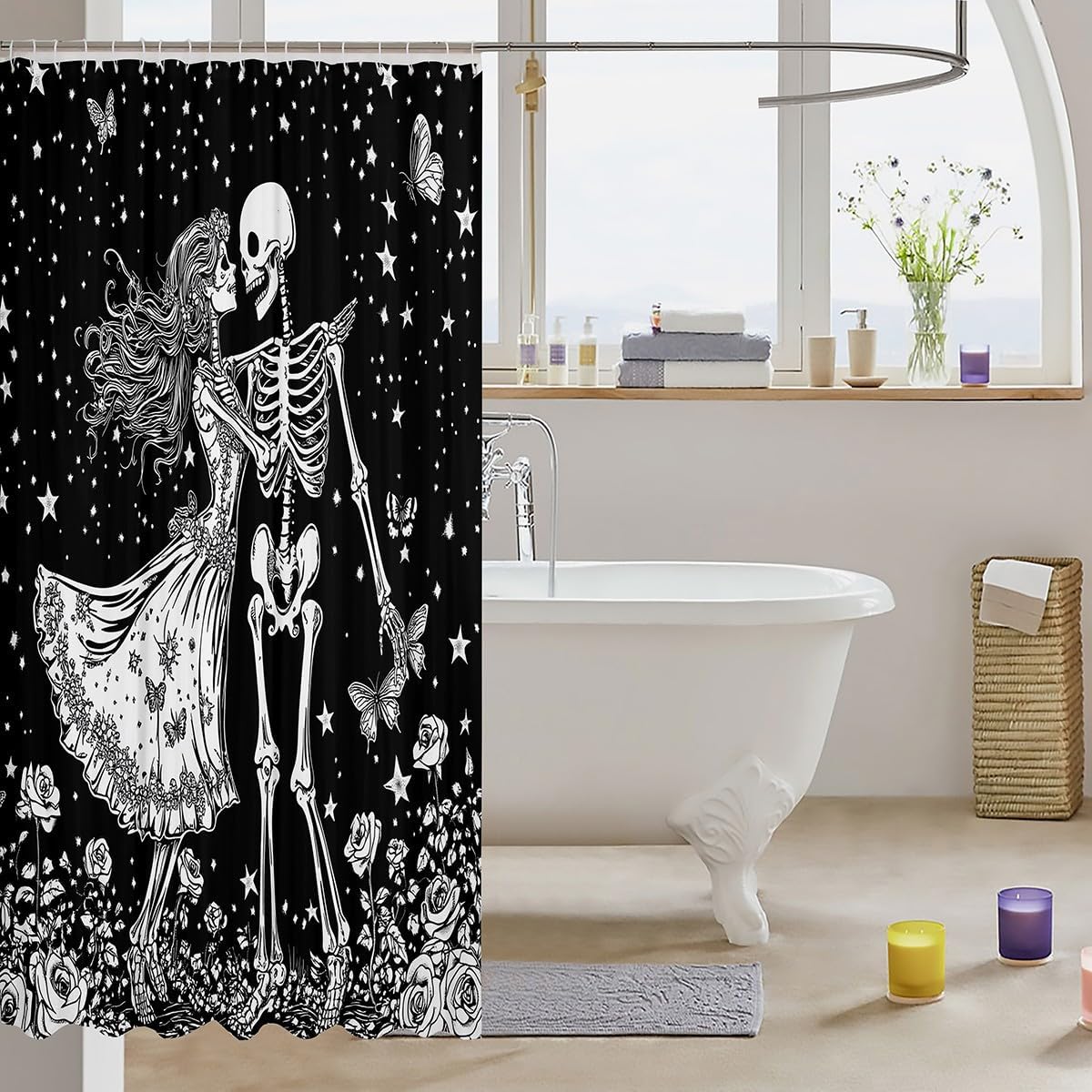 Manfei Sugar Skull Shower Curtain Set for Halloween