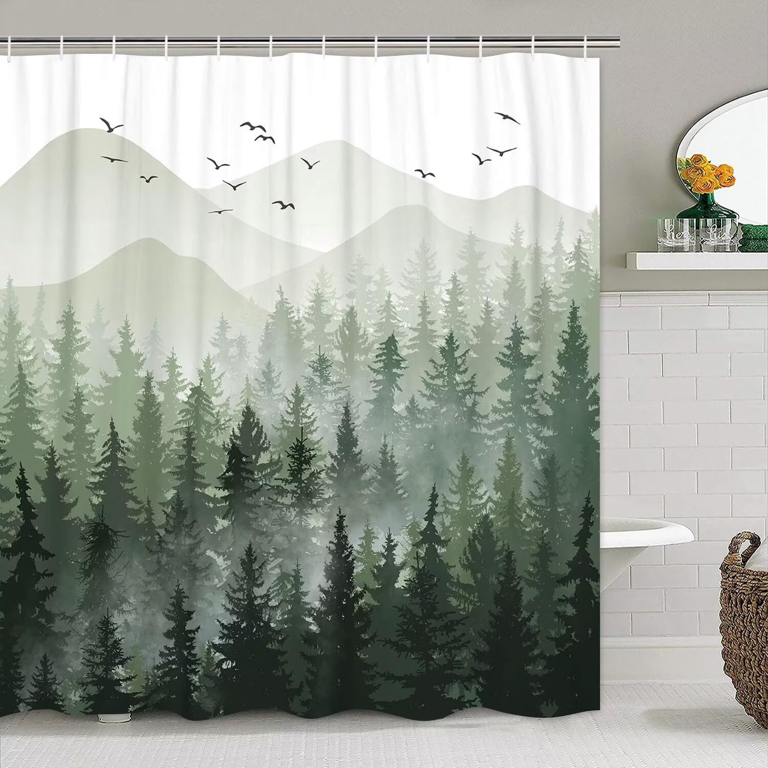 DDQQ 4Pcs Green Misty Forest Shower Curtain Set with Hooks