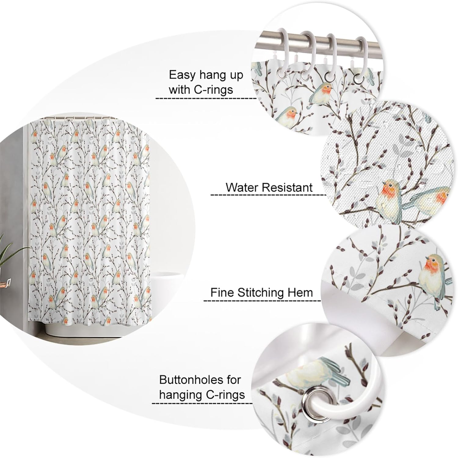 Waterproof shower curtain set for the bathroom with birds and branch design