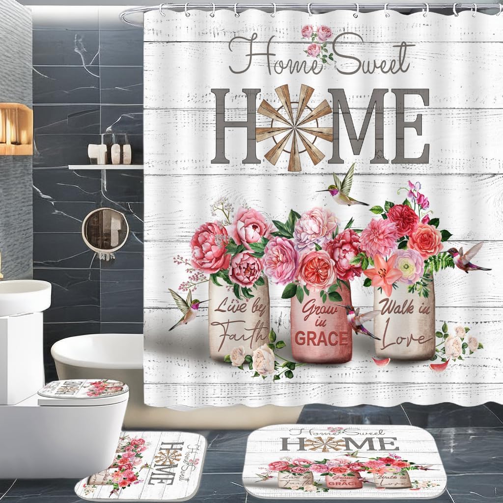 Home Sweet Bathroom Set with Red Rose Peony Style