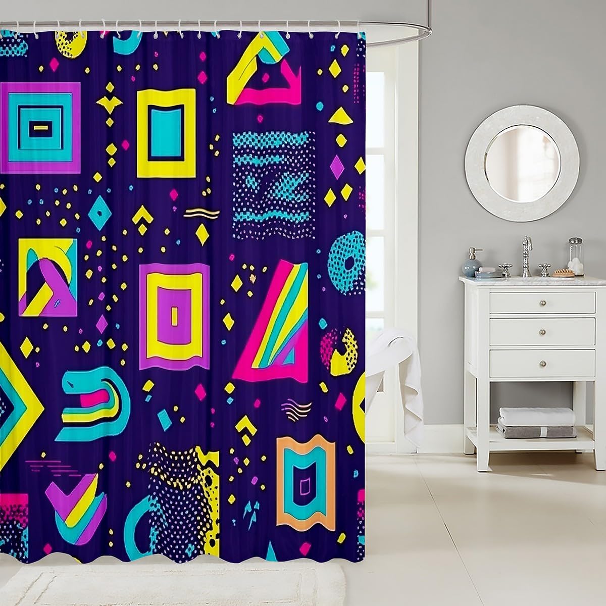 Retro 80s Shower Curtain with Geometric Pattern