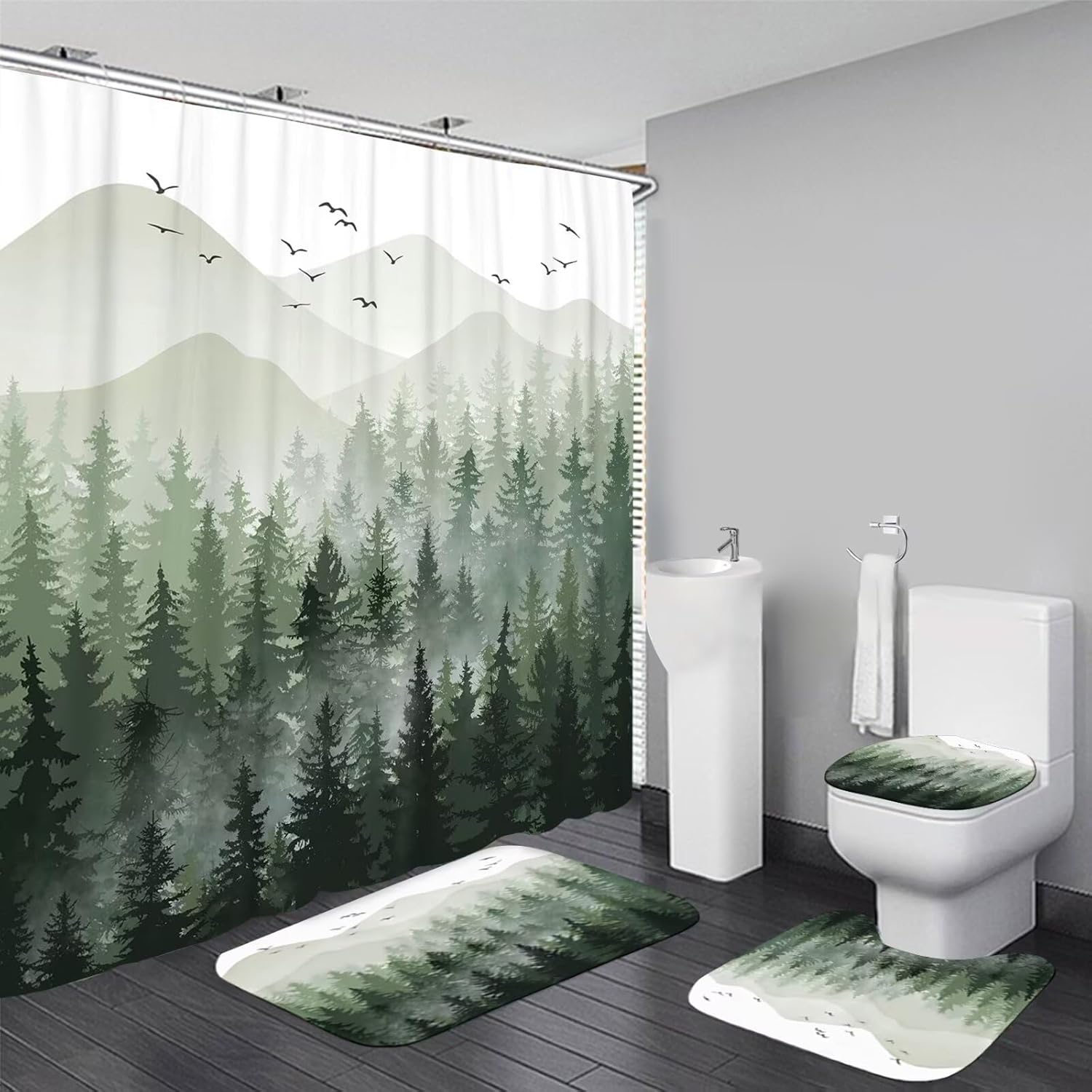 DDQQ 4Pcs Green Misty Forest Shower Curtain Set with Hooks
