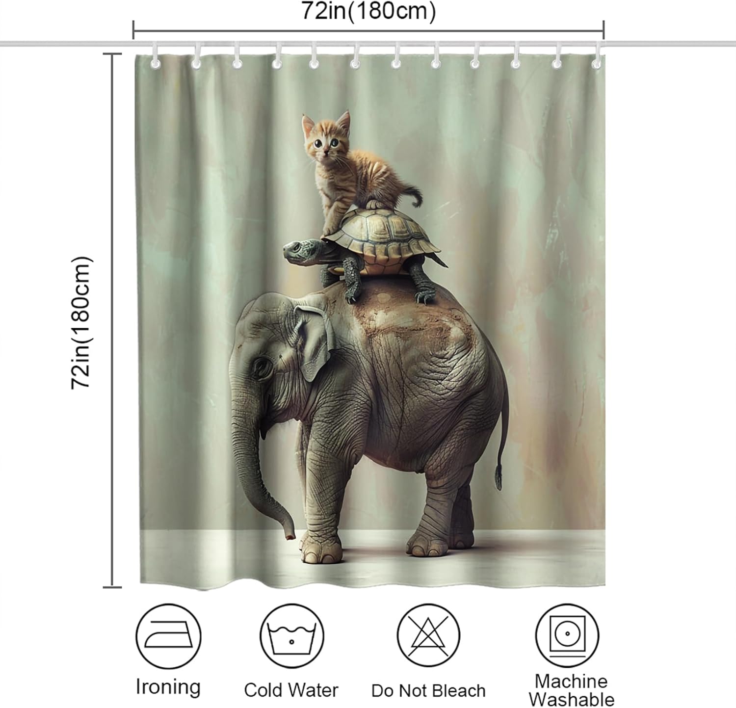 OTRANTO Cute Grey Elephant Turtle Cat Family Shower Curtain Set