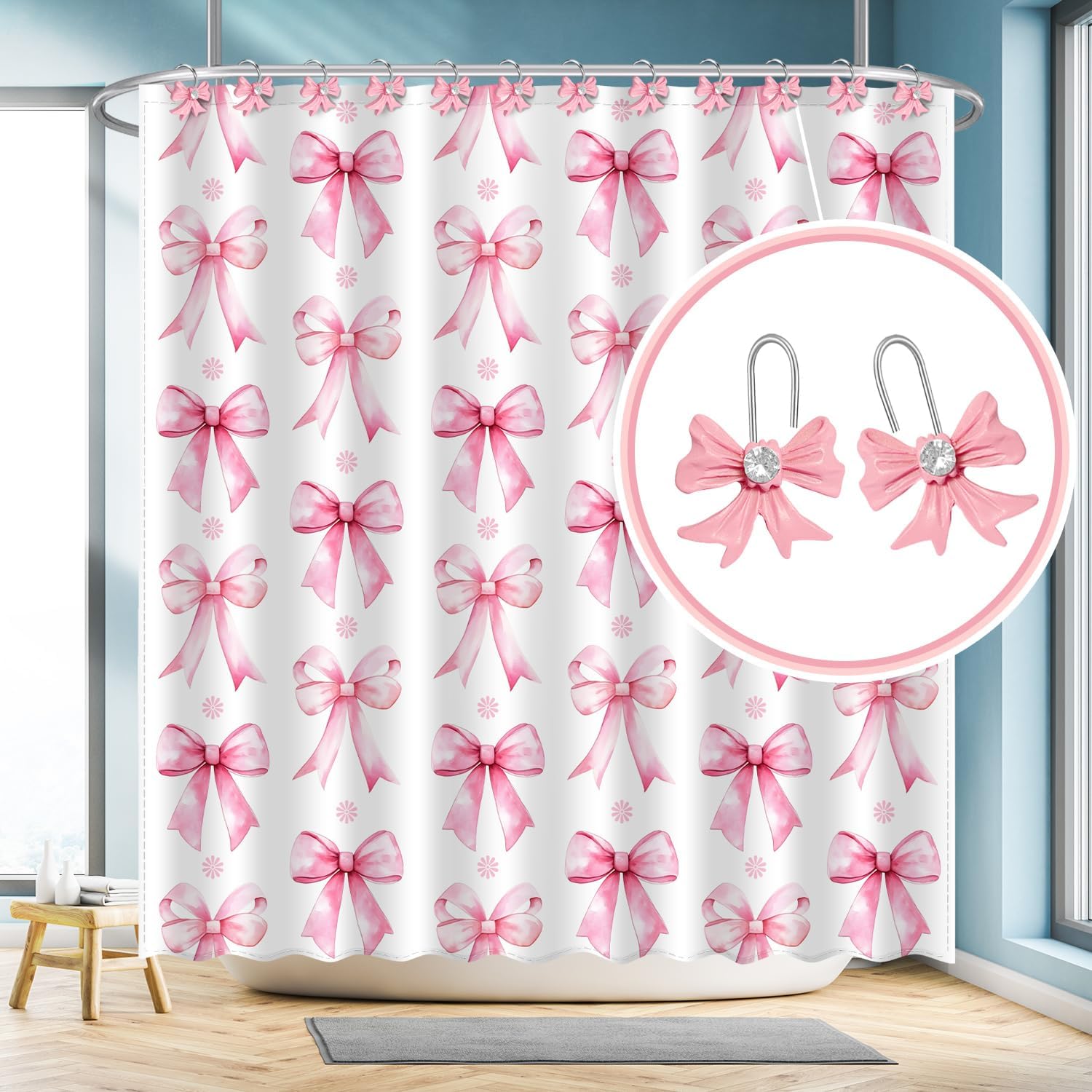 AmaAccess 12PCS Pink Bow Knot Decorative Shower curtain Hangers