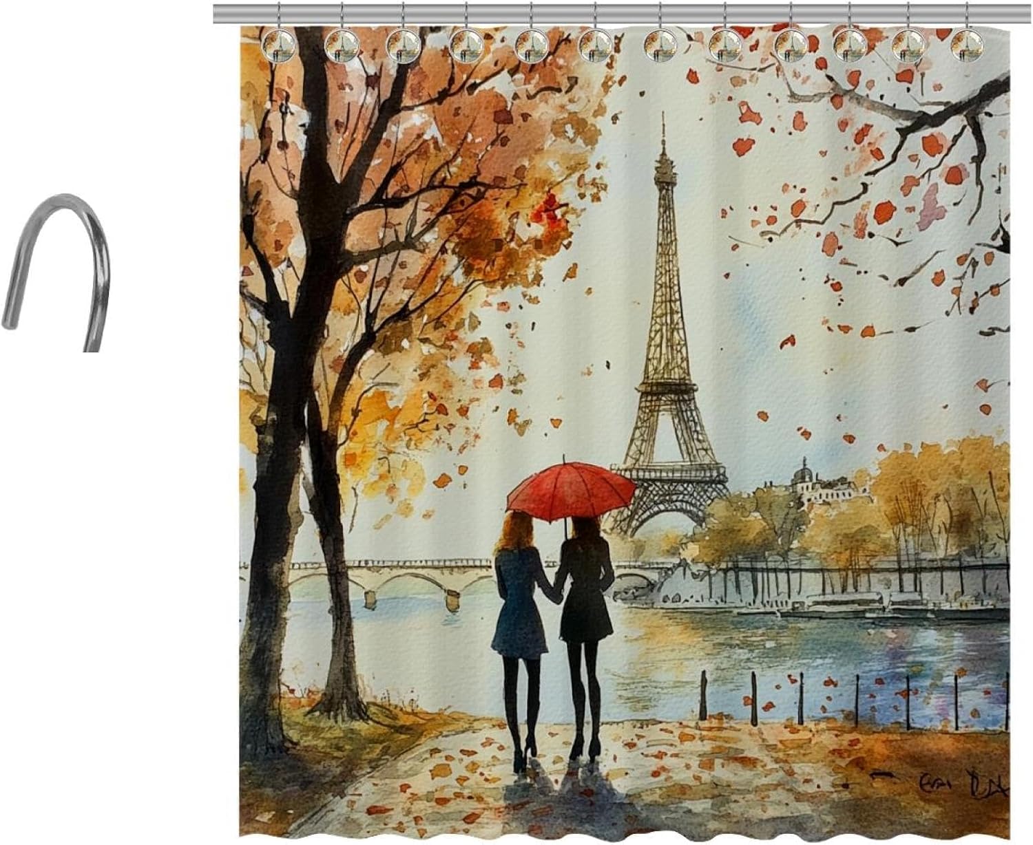 VAPOKF Girls Paris Tower Print Shower Curtain Set with 10 Hooks 66x72 in