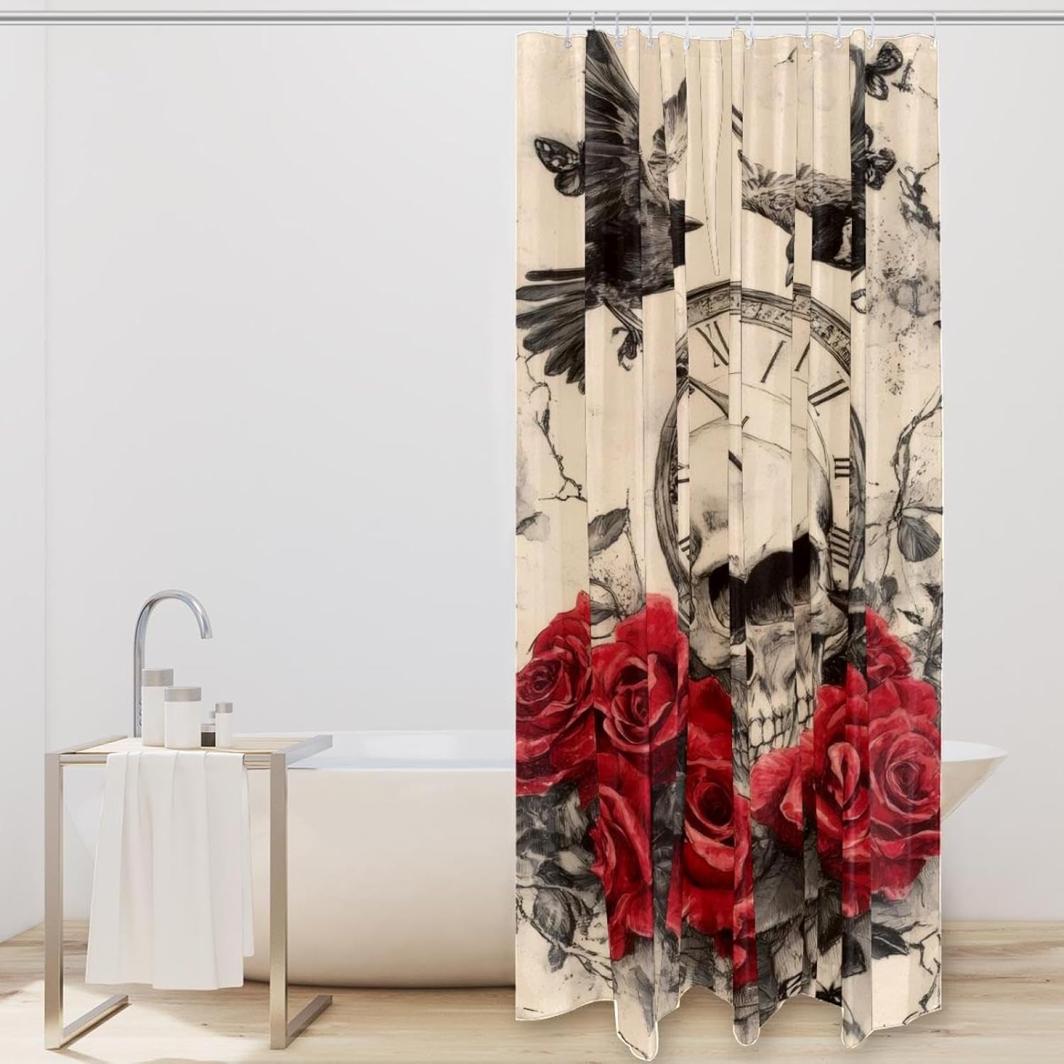 Vintage Skull Clock Red Roses Bath Curtain