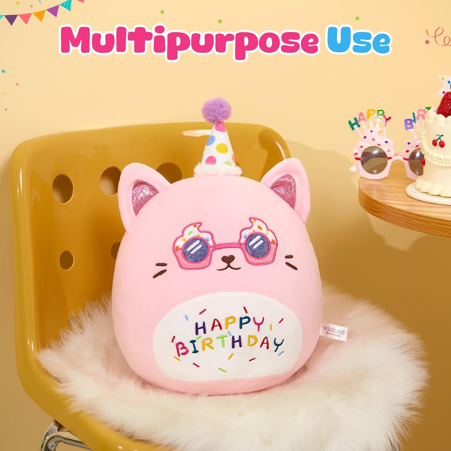 Happy Birthday Plush Cat Pillow