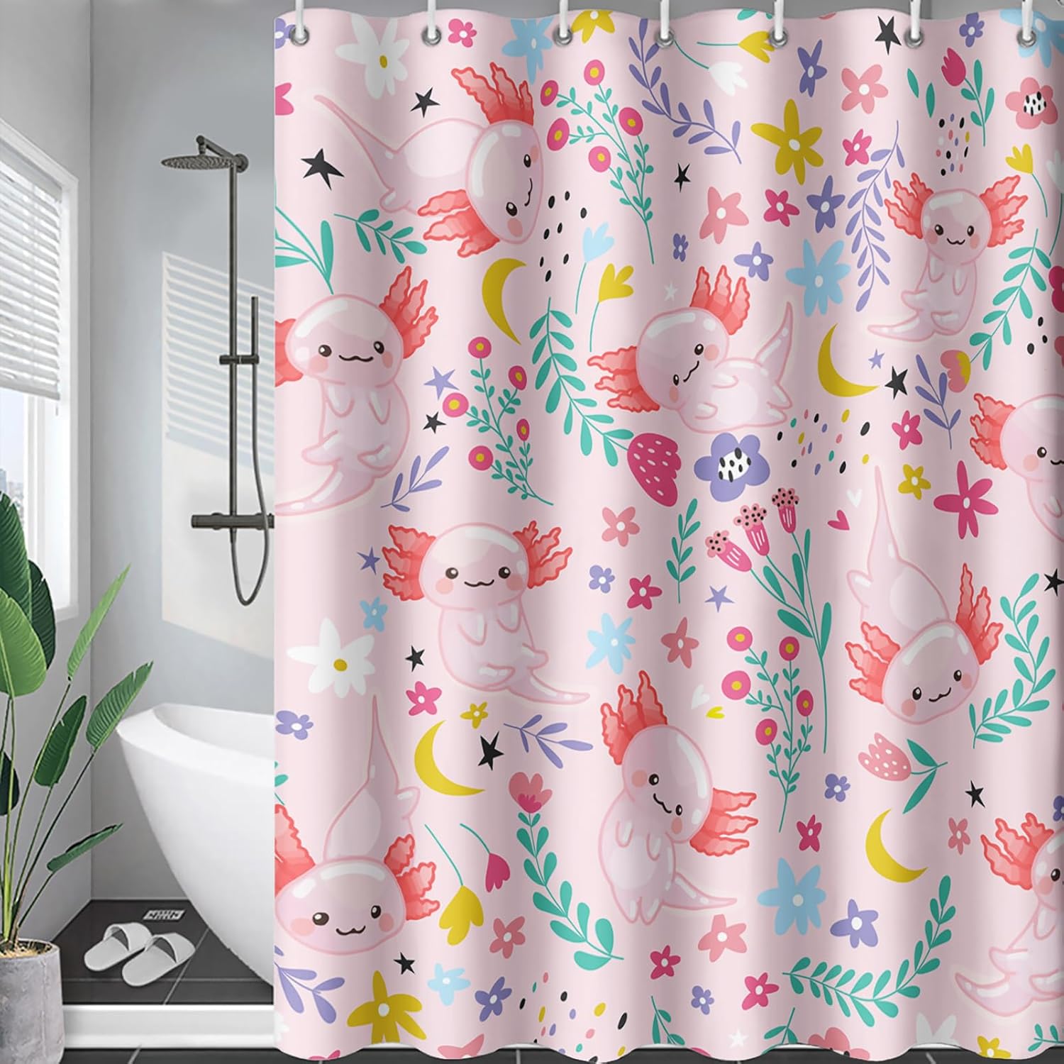 Qoomo Cartoon Axolotl Pink Bath Shower Curtain 72x72 inches