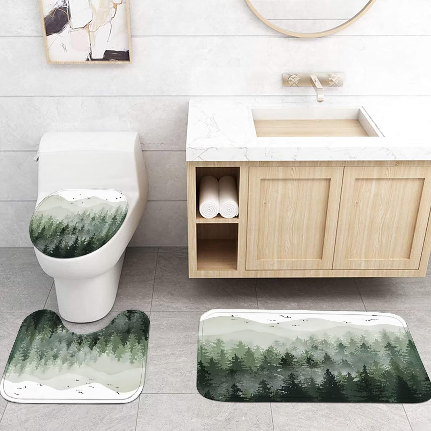DDQQ 4Pcs Green Misty Forest Shower Curtain Set with Hooks