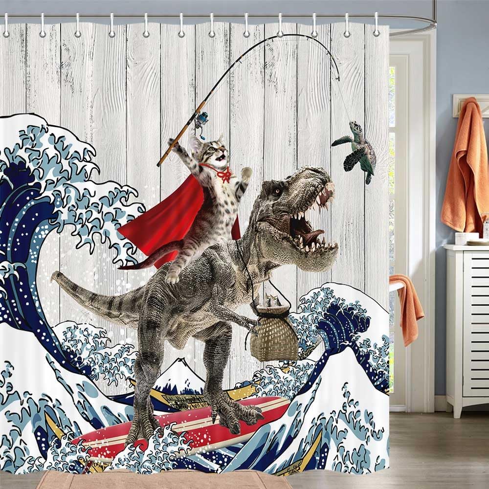 Send A Cat Dinosaur Blue Ocean Cat Shower Curtain Set