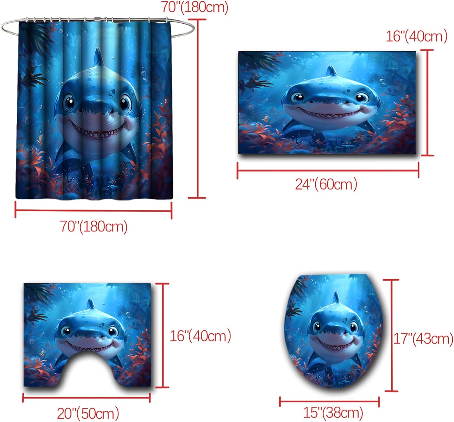 4 Piece Shark Shower Curtain Set for Kids