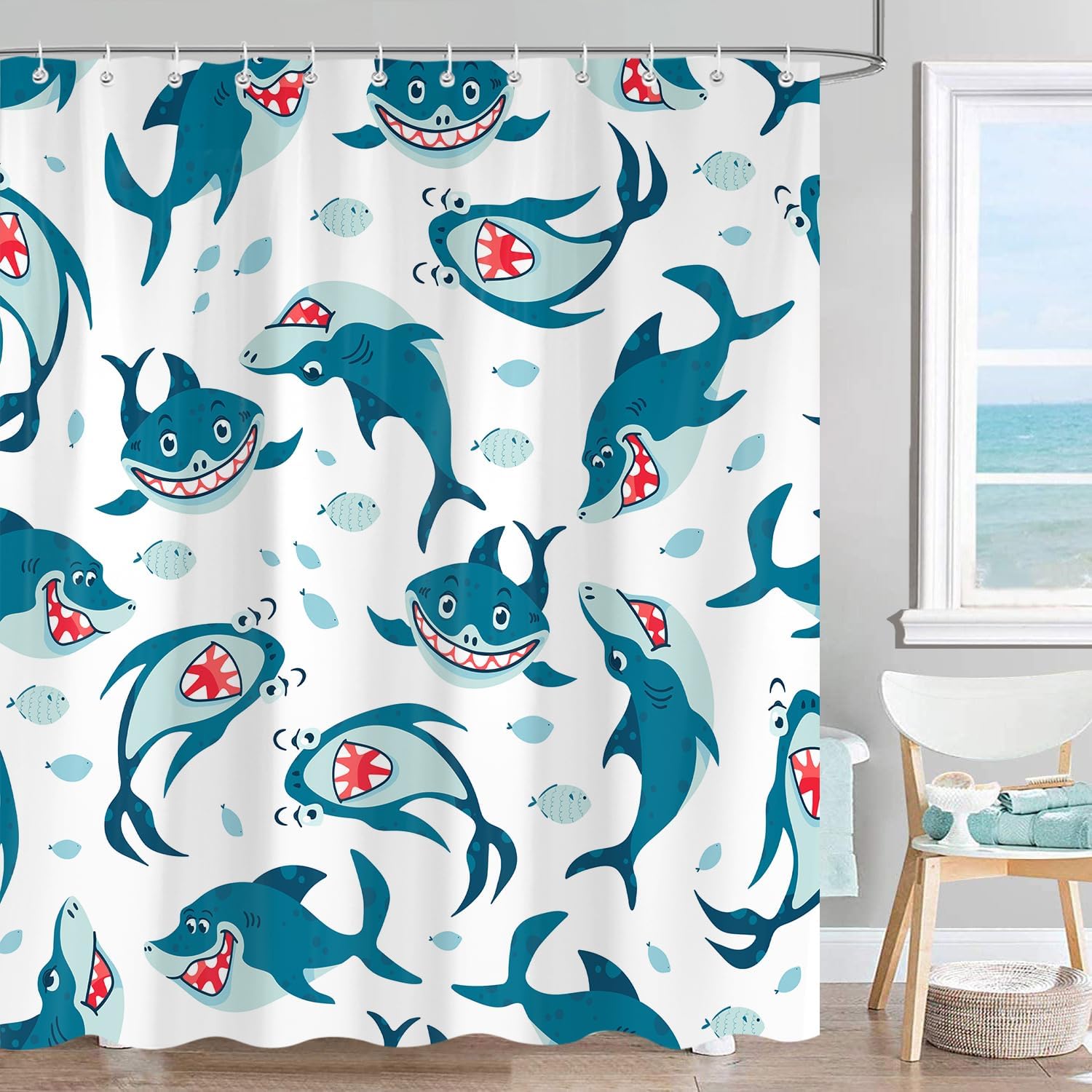 SokdcamFunny Shark Shower Curtain Ocean Wild Fish Kids Bathroom Curtain Set