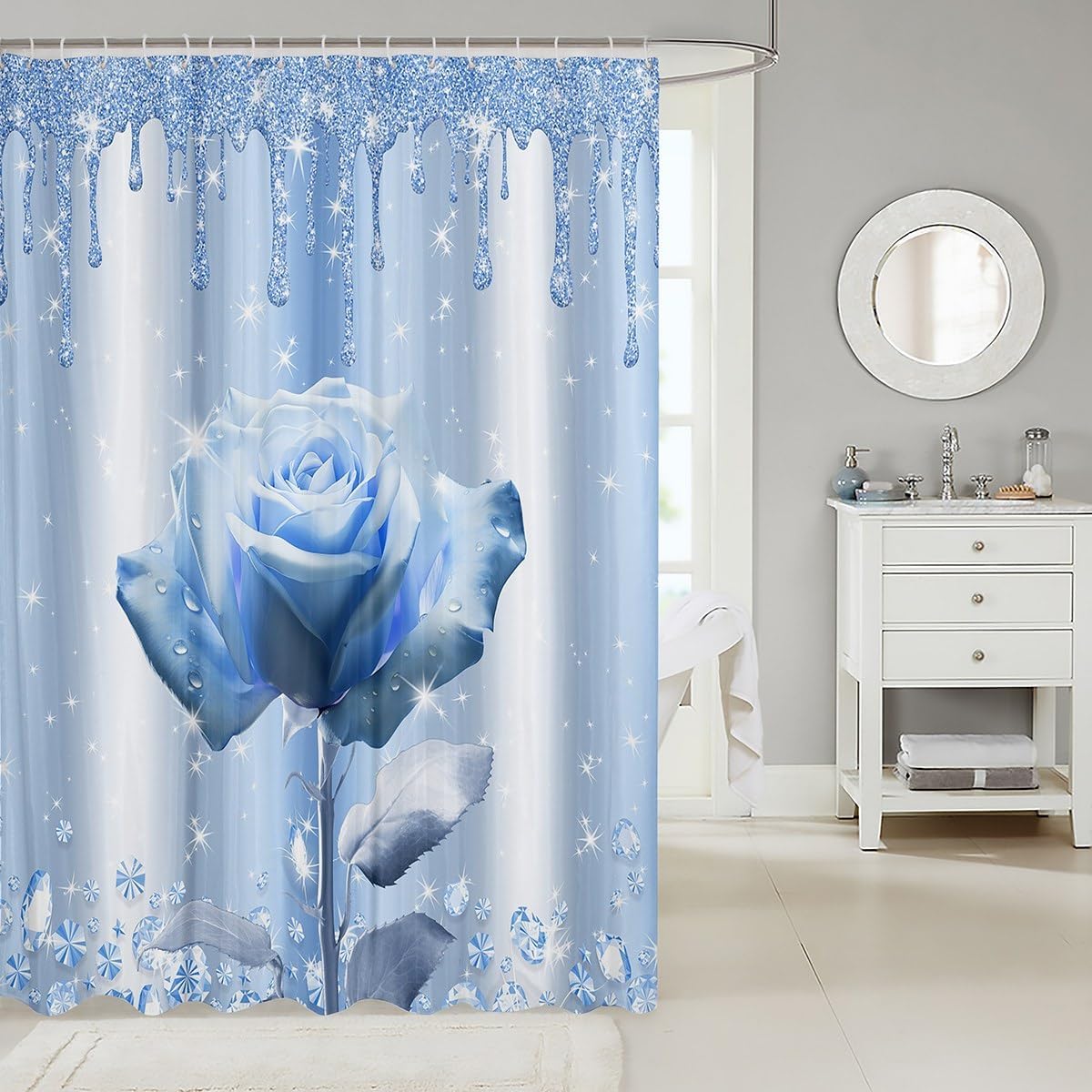 Stunning Blue Rose Shock Drop Water Resistant Bath Curtains with 12 Hooks
