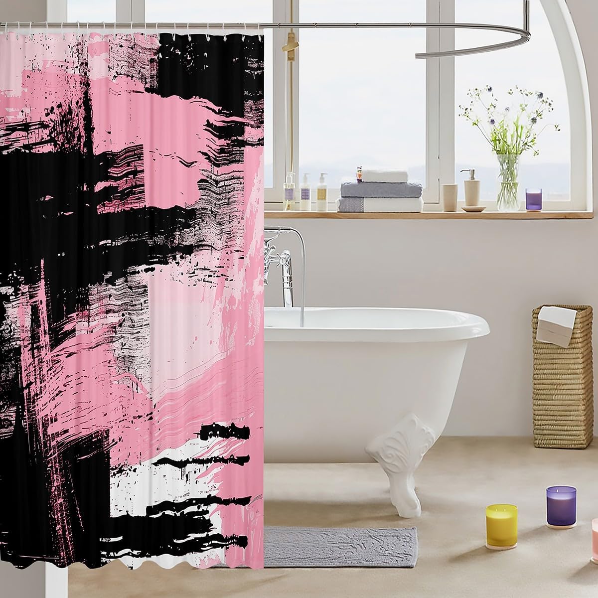 Feelyou Black Pink Bath Curtain Set for Boys Teens - Modern Design 72x72