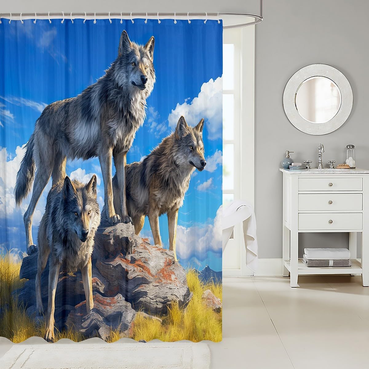 Wolf shower curtain 72x78 design set with 12 c-shaped hooks