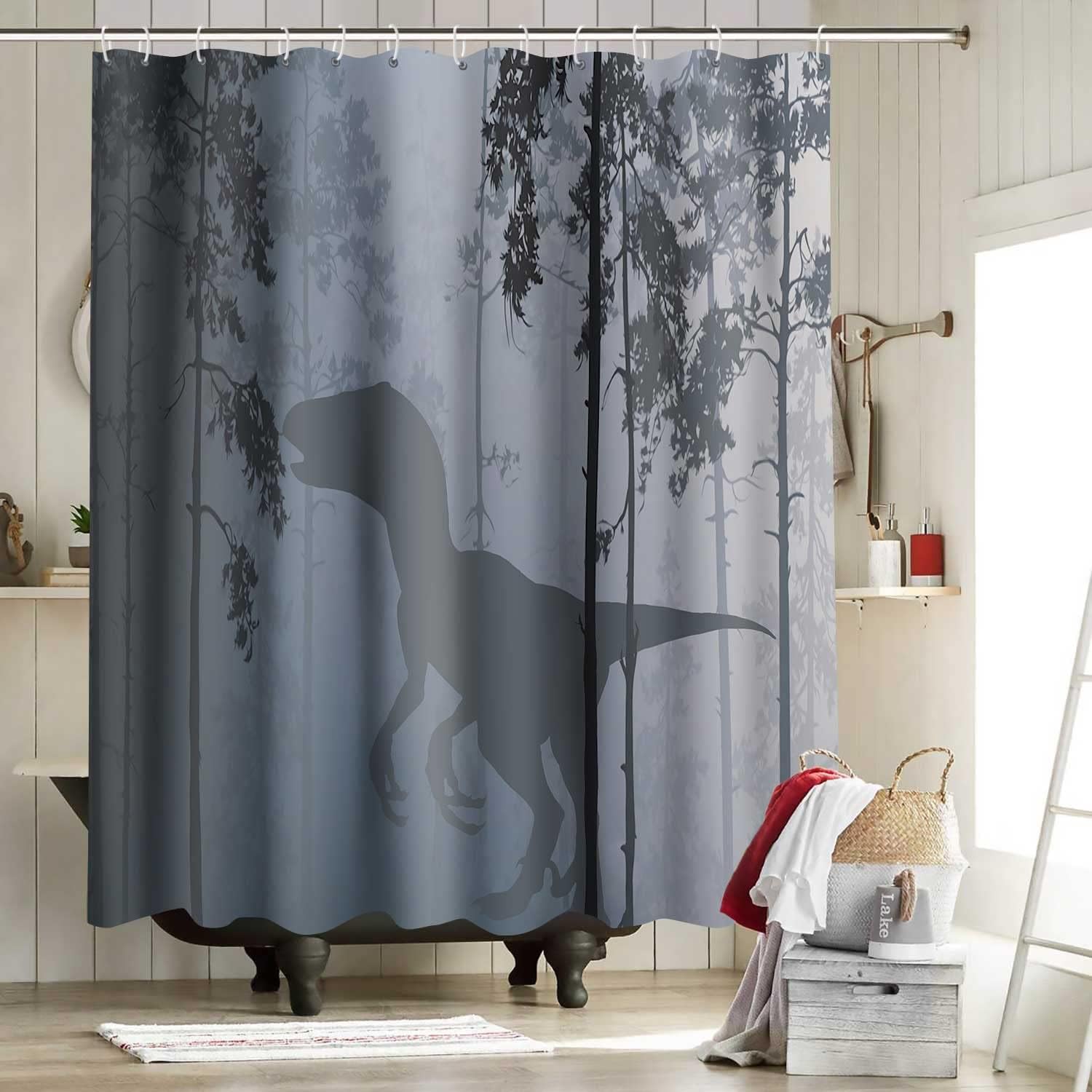 Dinosaur Shower Curtain Set Tyrannosaurus Rex Silhouette with 12-Pack Plastic Hooks
