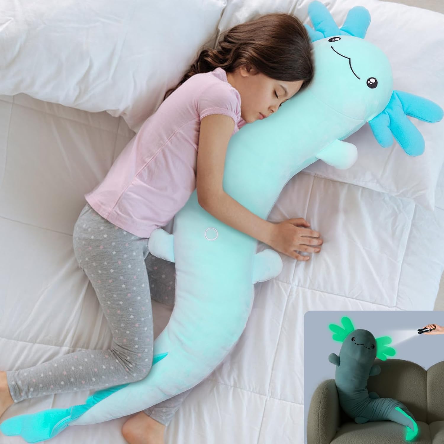 Big Blue Axolotl Plush Pillow for Relaxation and Automatically Glowing at Night