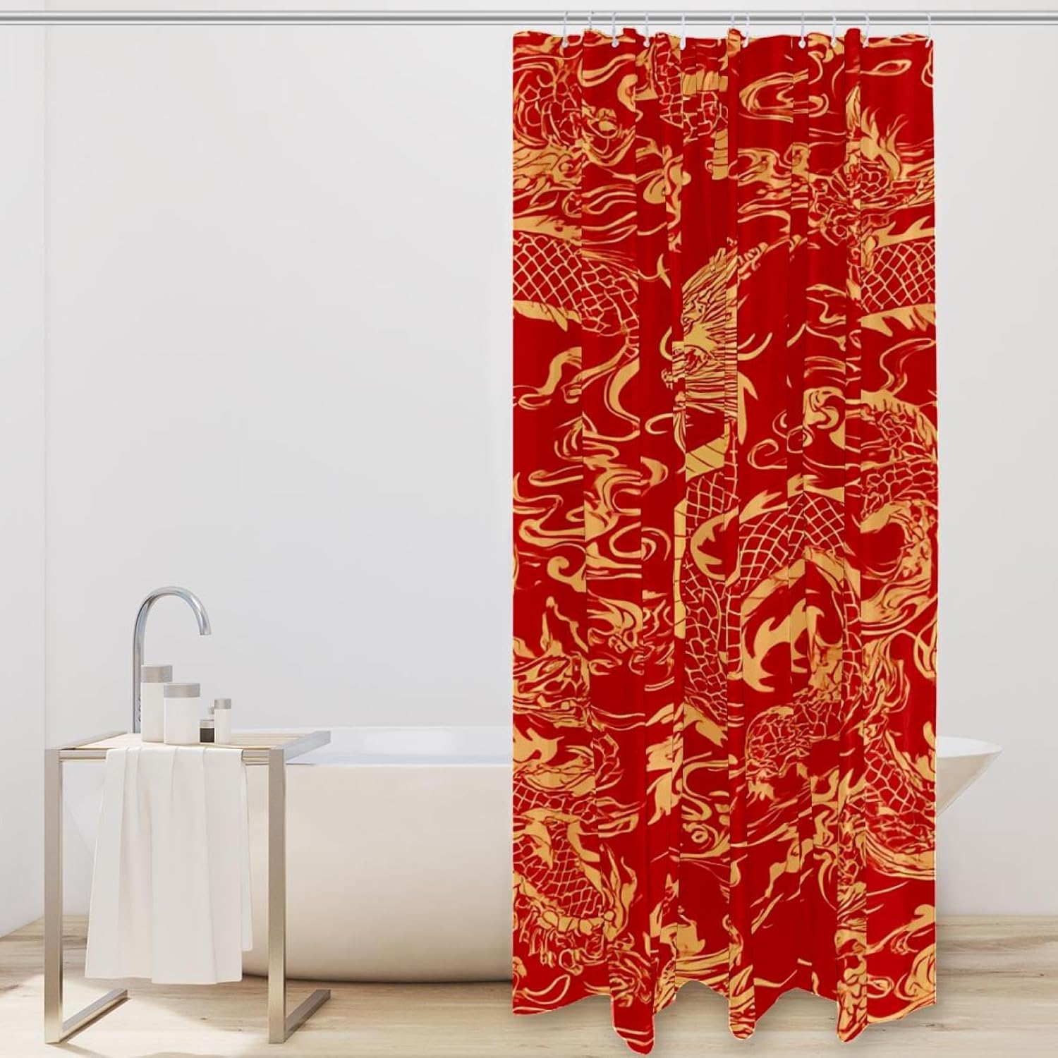 Gold Red Chinese Dragon Shower Curtain Set with 12 Hooks 66x72 Inches