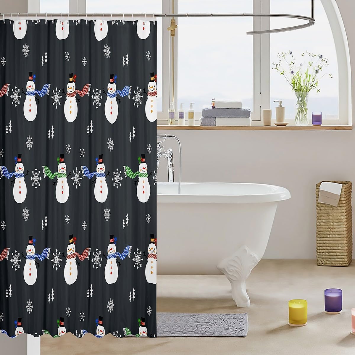 Feelyou Christmas Bath Curtain 72x72 Snowman Snowflake Shower Curtain Set Dark Grey