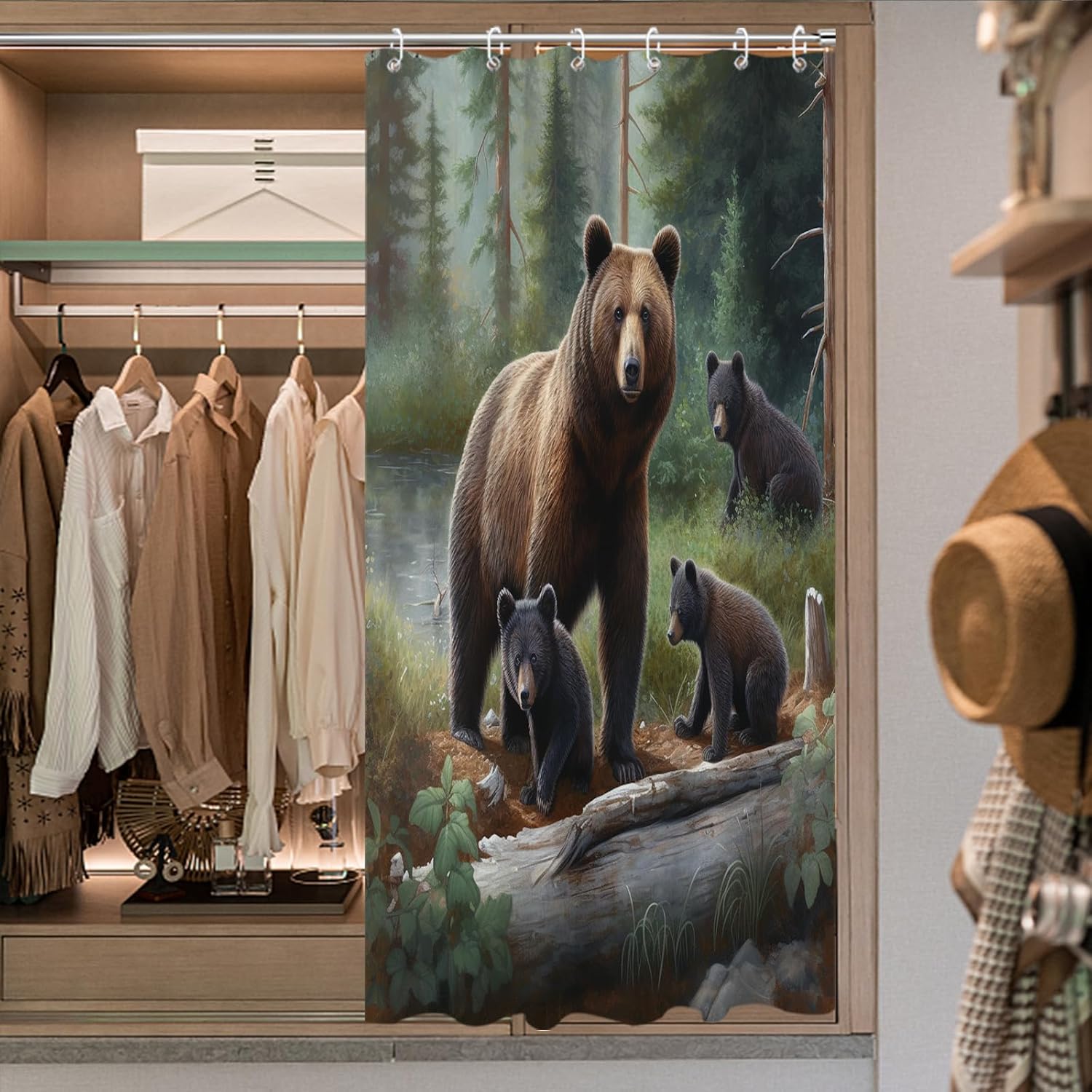 OTRANTO Bear Shower Curtain - Forest Nature Theme Waterproof Machine Washable