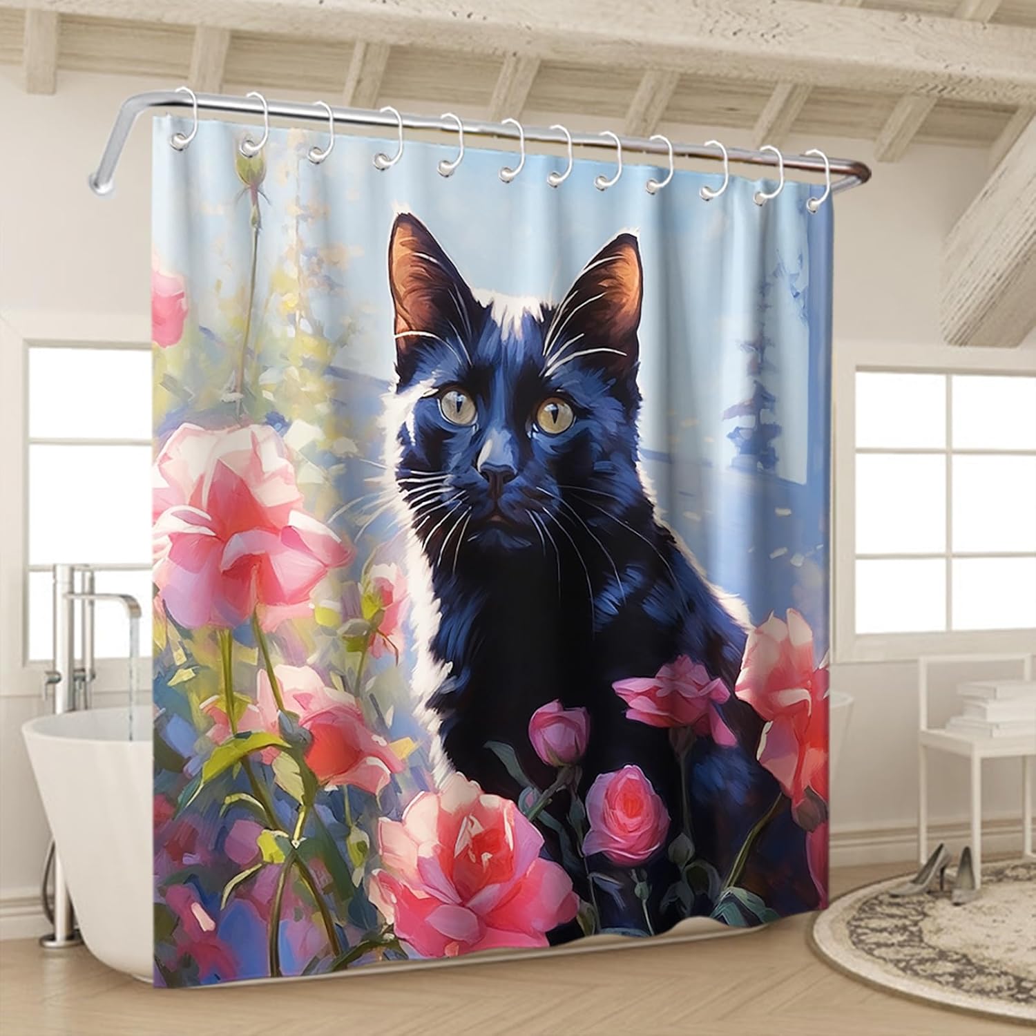Cute Red Rose Floral Shower Curtain Set