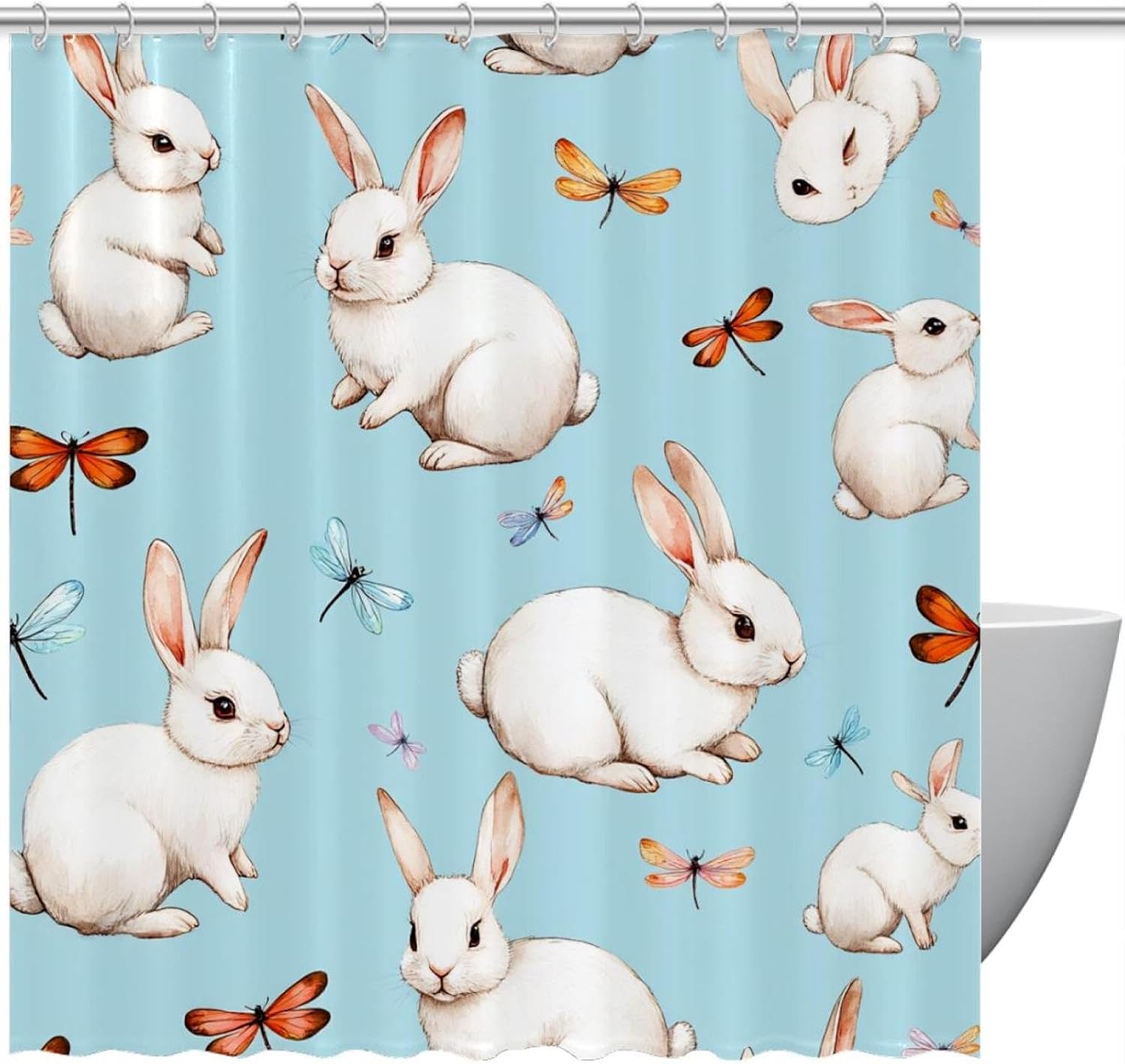 Bunnies Dragonflies Playtime - Durable Waterproof Bathroom Curtain