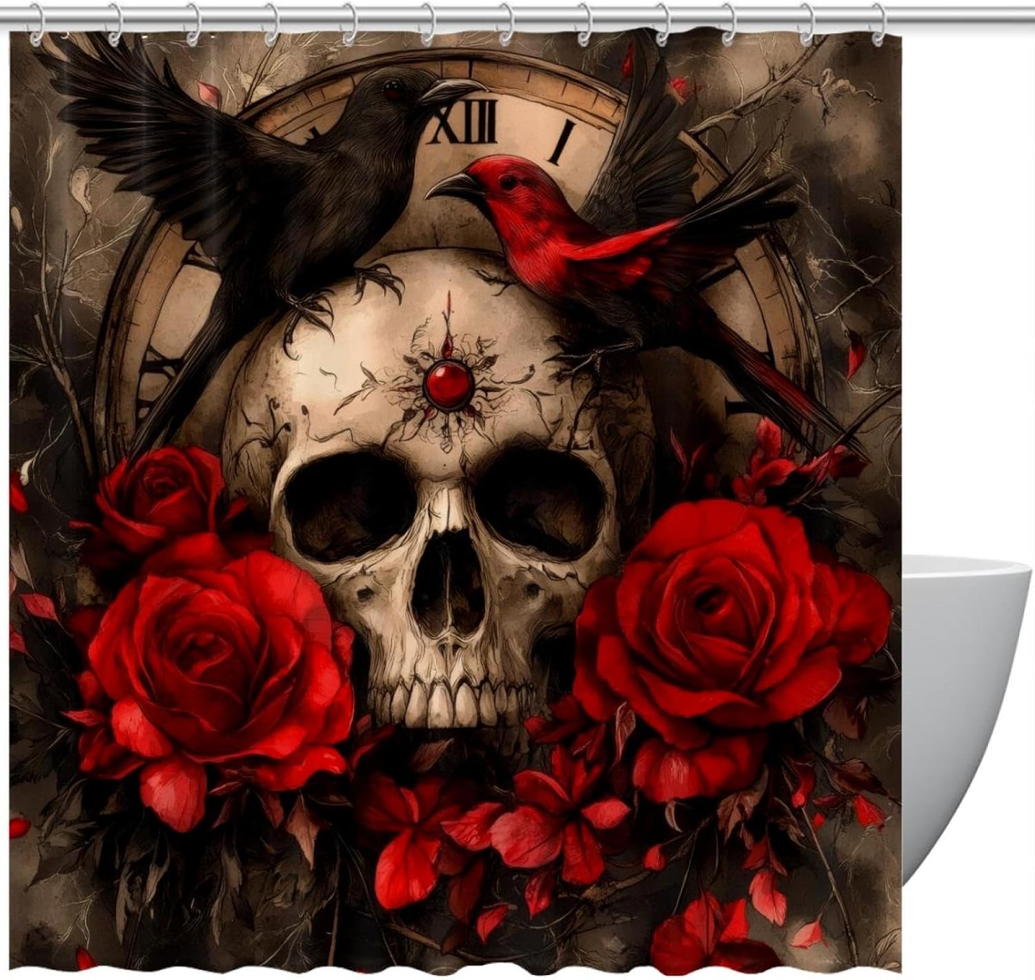 Bird Skull Vintage Clock Roses Shower Curtain