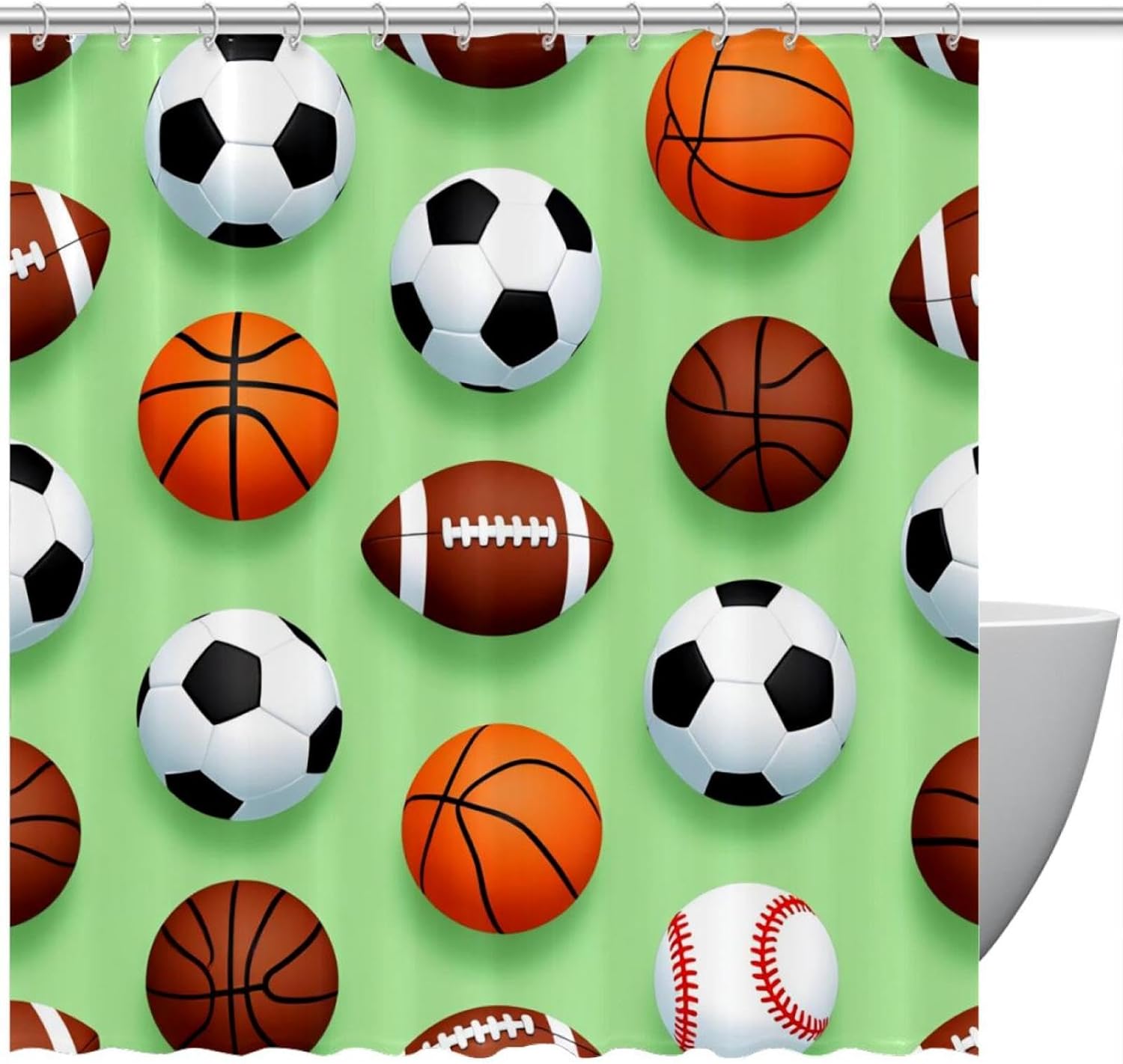 Baseball Rugby Football Bath Curtain Set Waterproof 66x72 inches