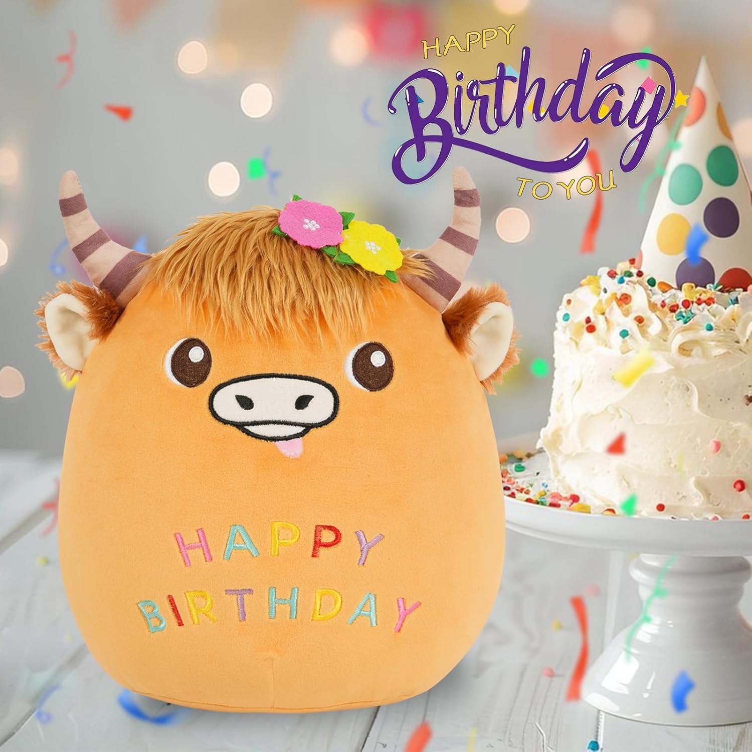 Happy Birthday Plush Pillow Fun Birthday Cow Stuffed Animal 10 Inch
