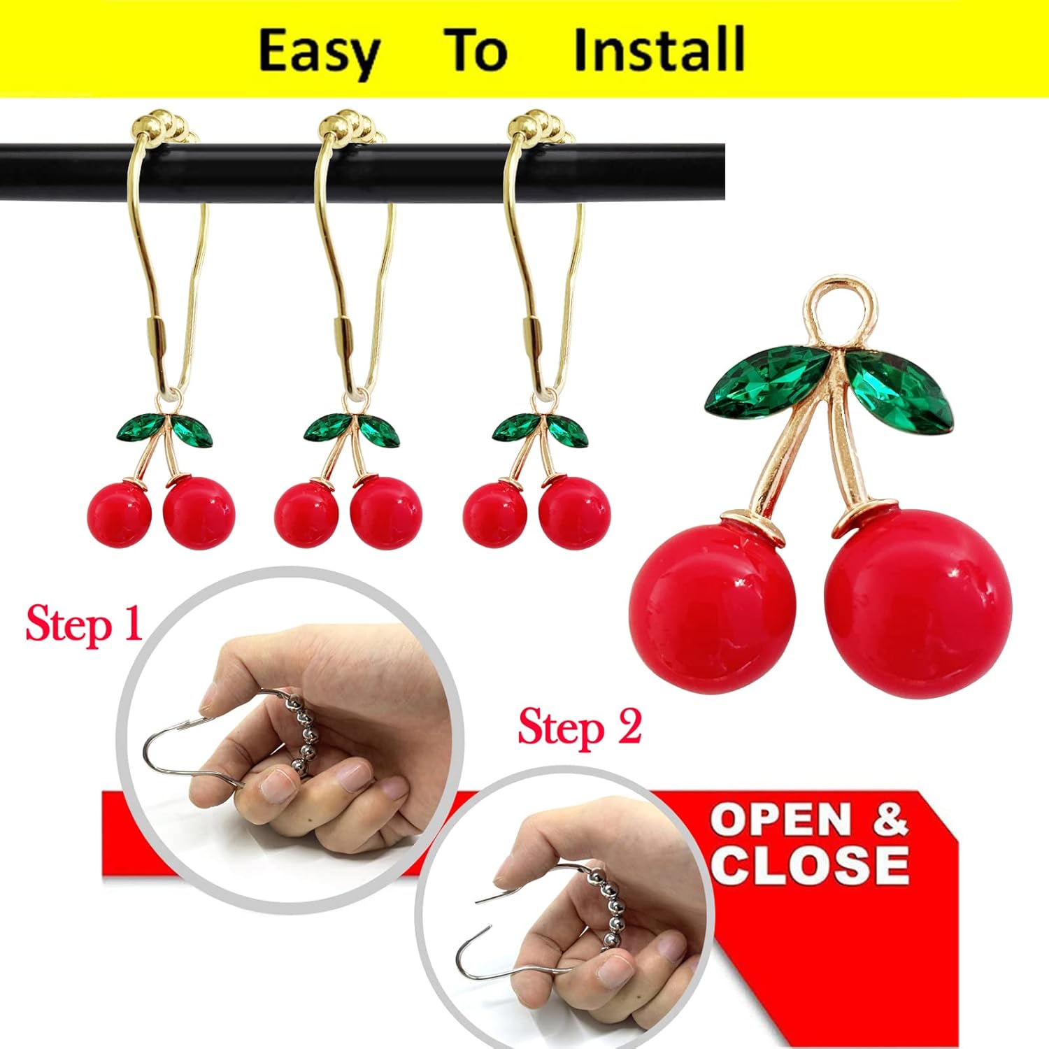 ZILucky 12pcs Red Cherry Shower Curtain Hooks