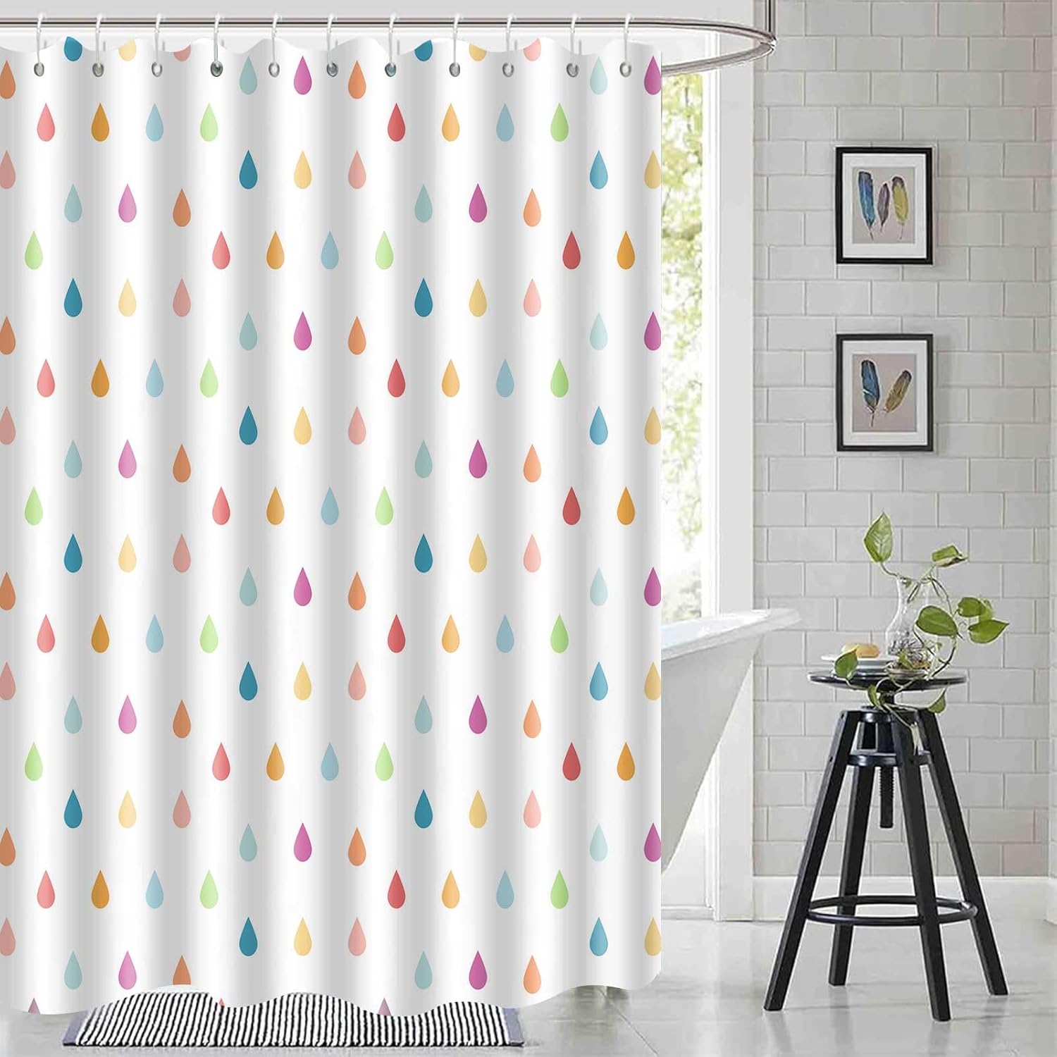 Retro Cute Kids Shower Curtain Set with Raindrop Design
