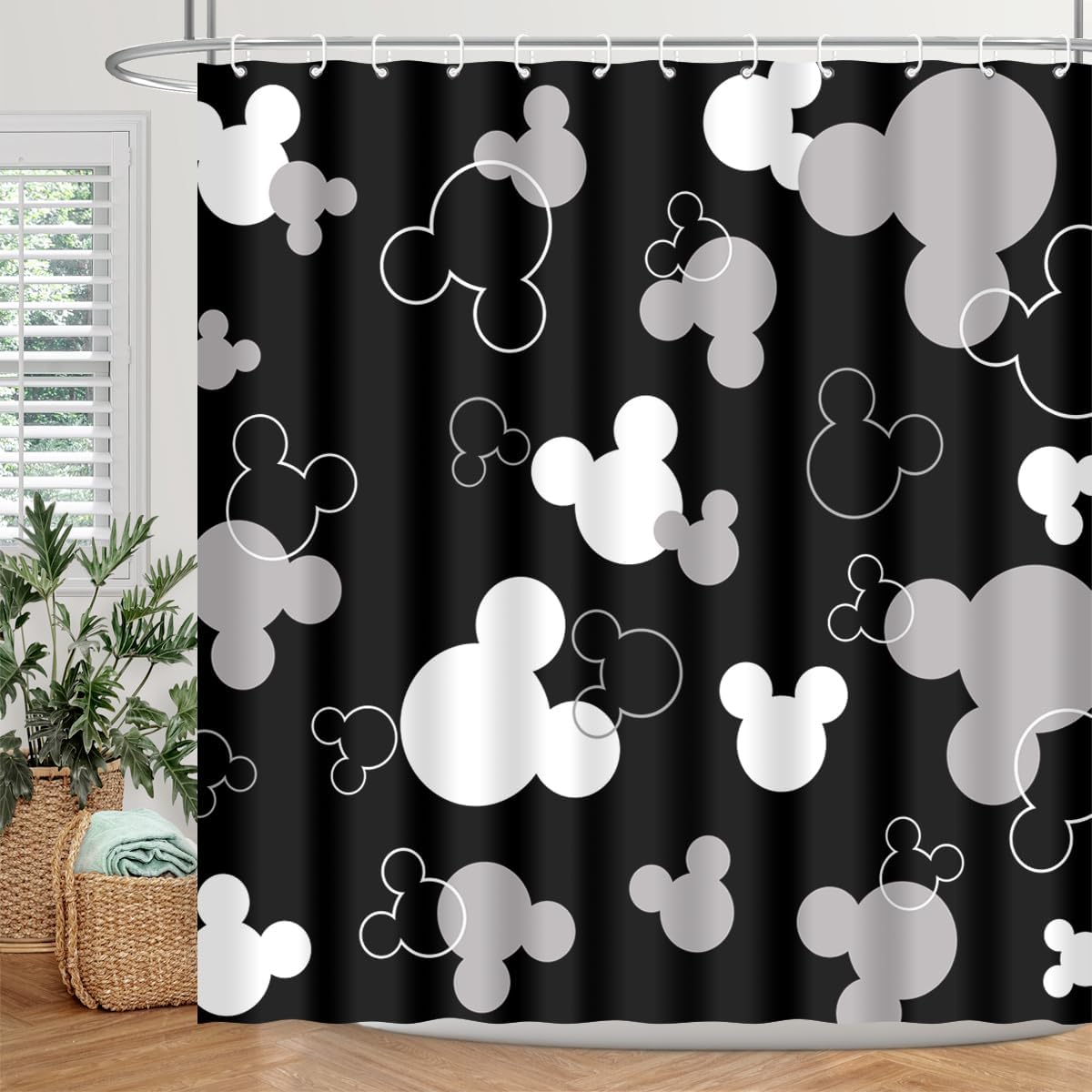 Mouse Head Shower Curtain for Children Black Background with Cartoons