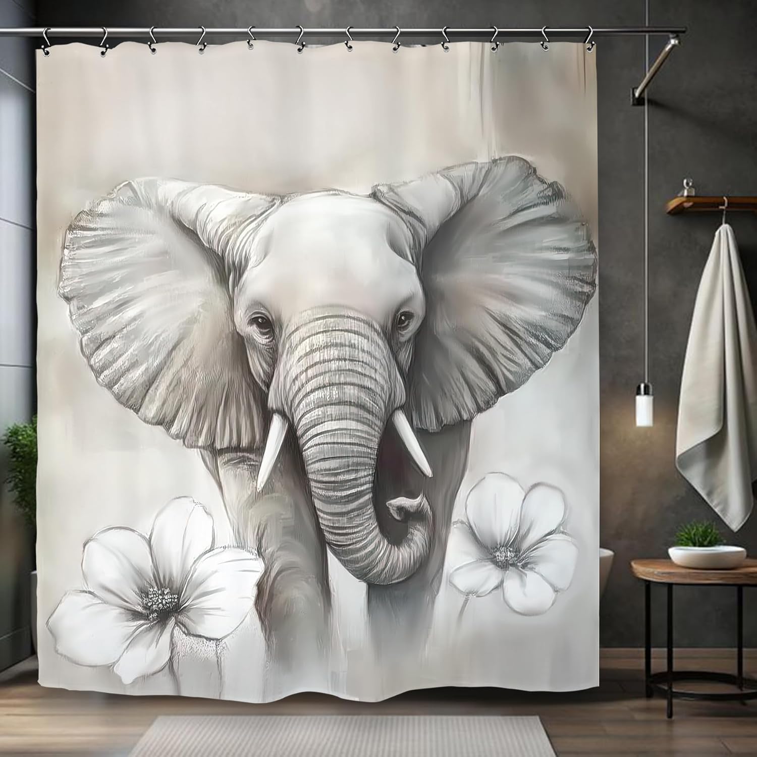 Cute Elephant Shower Curtain with 12 Hooks