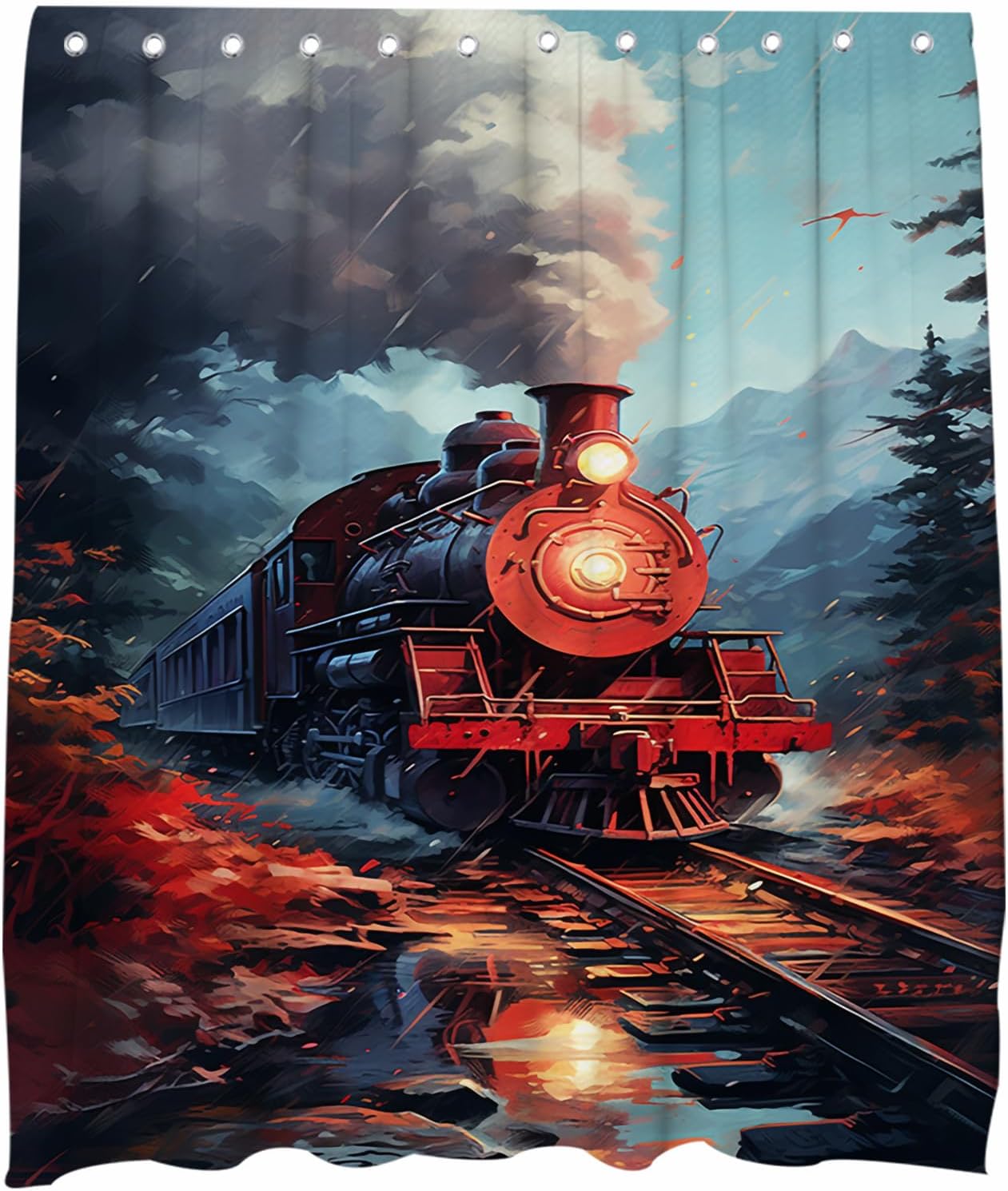 Antique Steam Engine Shower Curtain Red Train Nagarcoloka