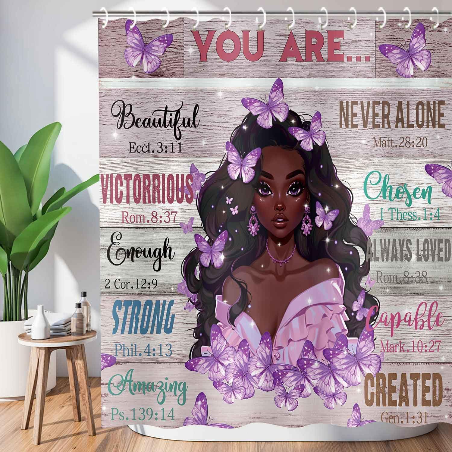 JAWO Black GirL Showers African American Butterfly 72x72 12 Hooks Modern Design