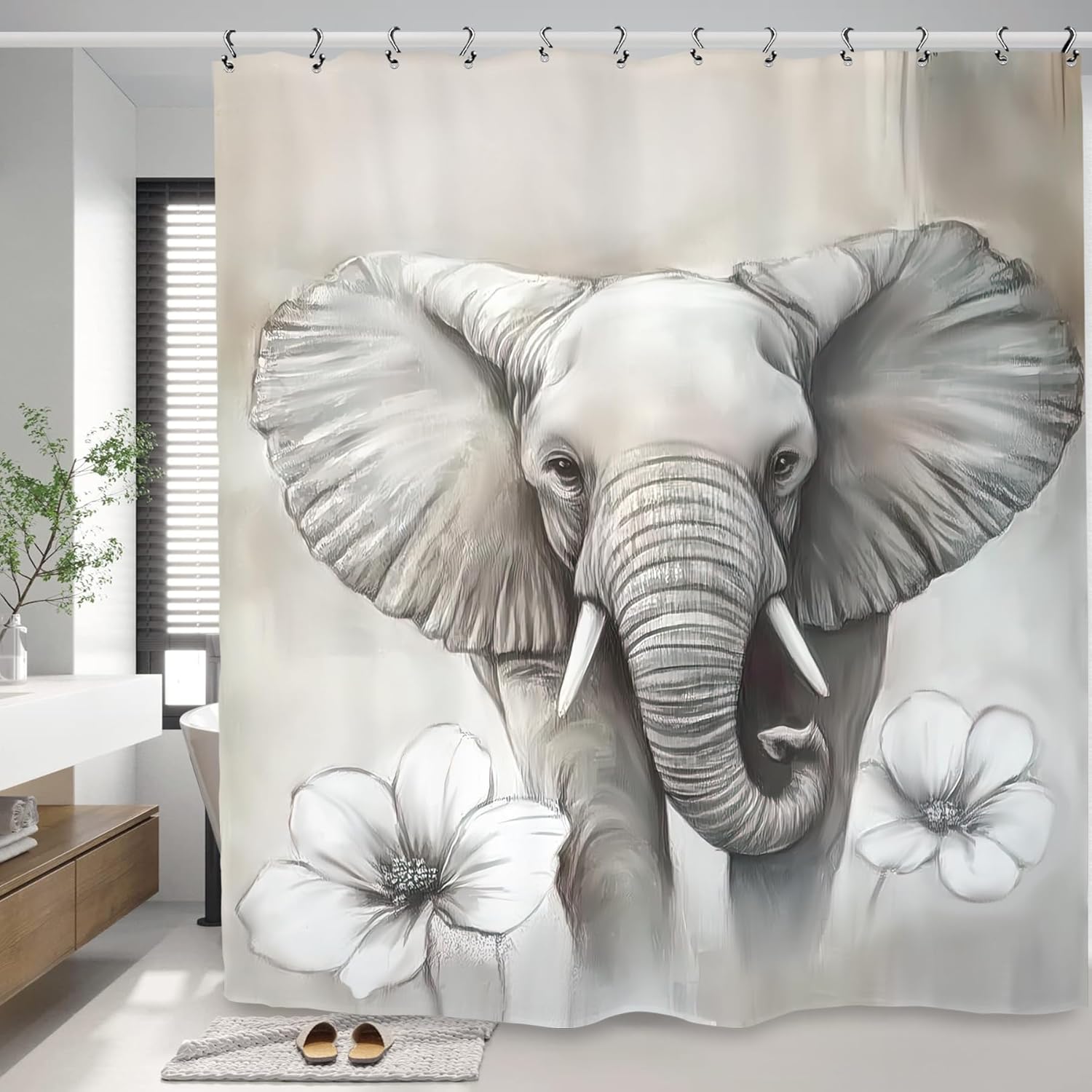 Cute Elephant Shower Curtain with 12 Hooks