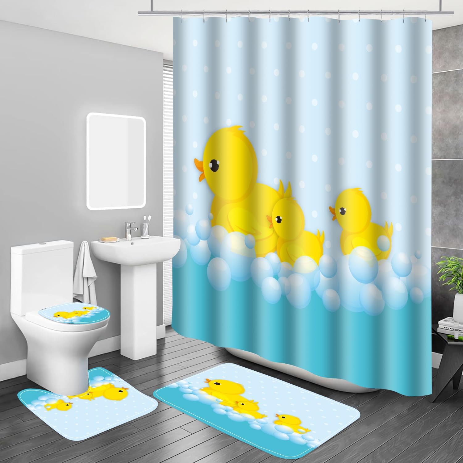 Cute Yellow Duck Bath Set with Non-Slip Rugs and Toilet Lid Cover